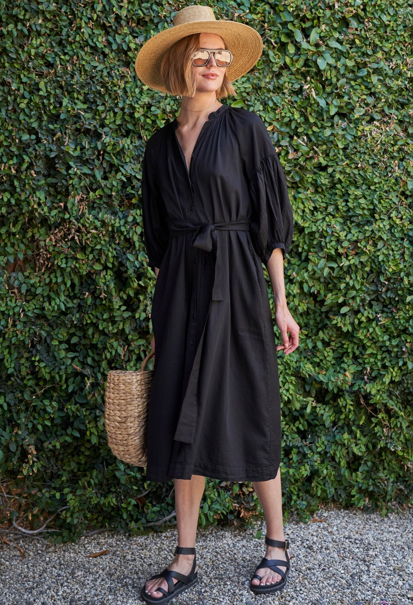 Aubrey Black Cotton Belted Peasant Dress with Pockets - ocean+main