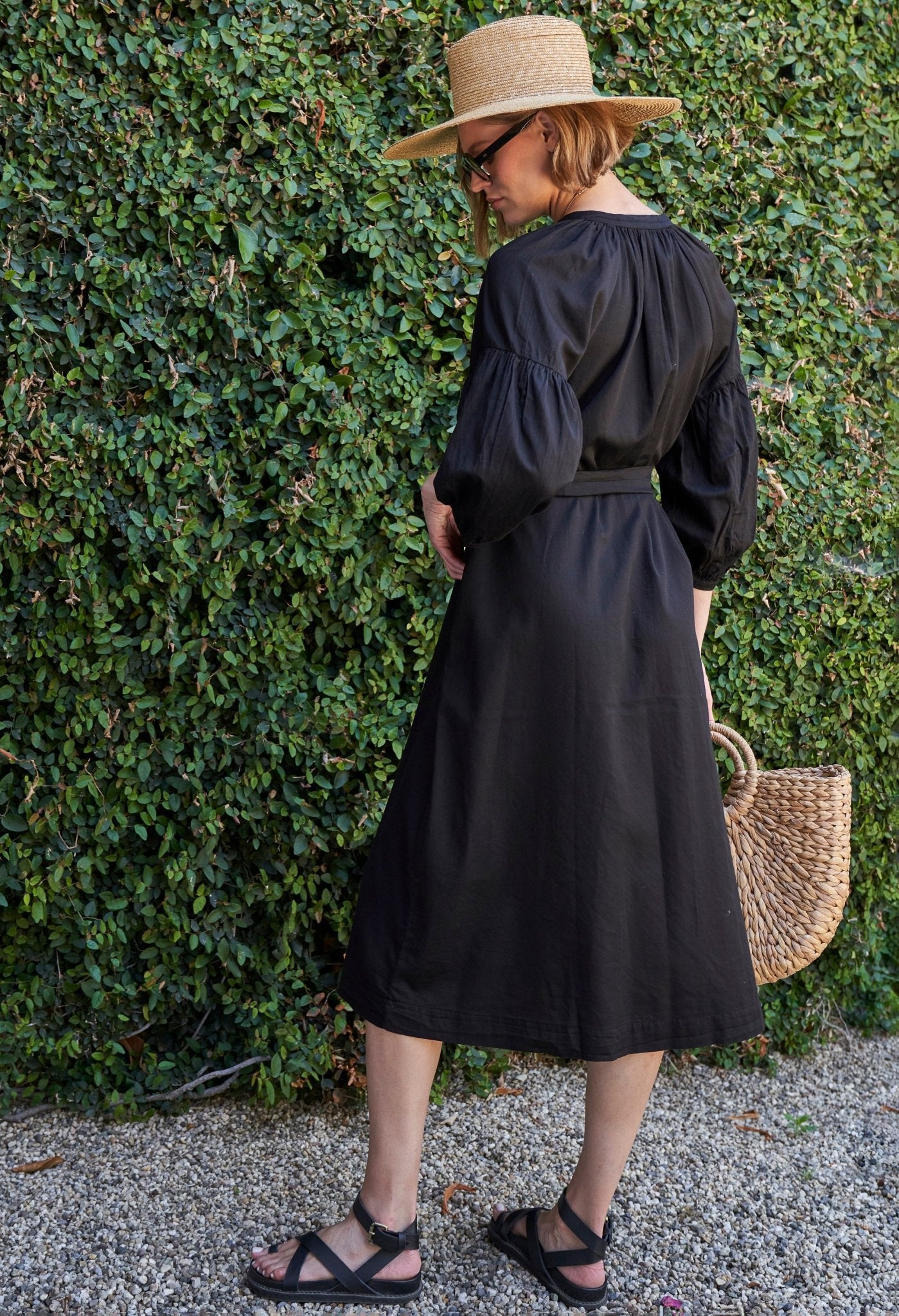 Aubrey Black Cotton Belted Peasant Dress with Pockets - ocean+main