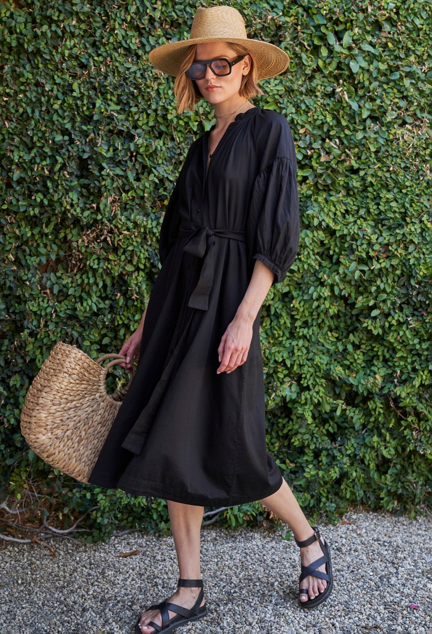 Aubrey Black Cotton Belted Peasant Dress with Pockets - ocean+main