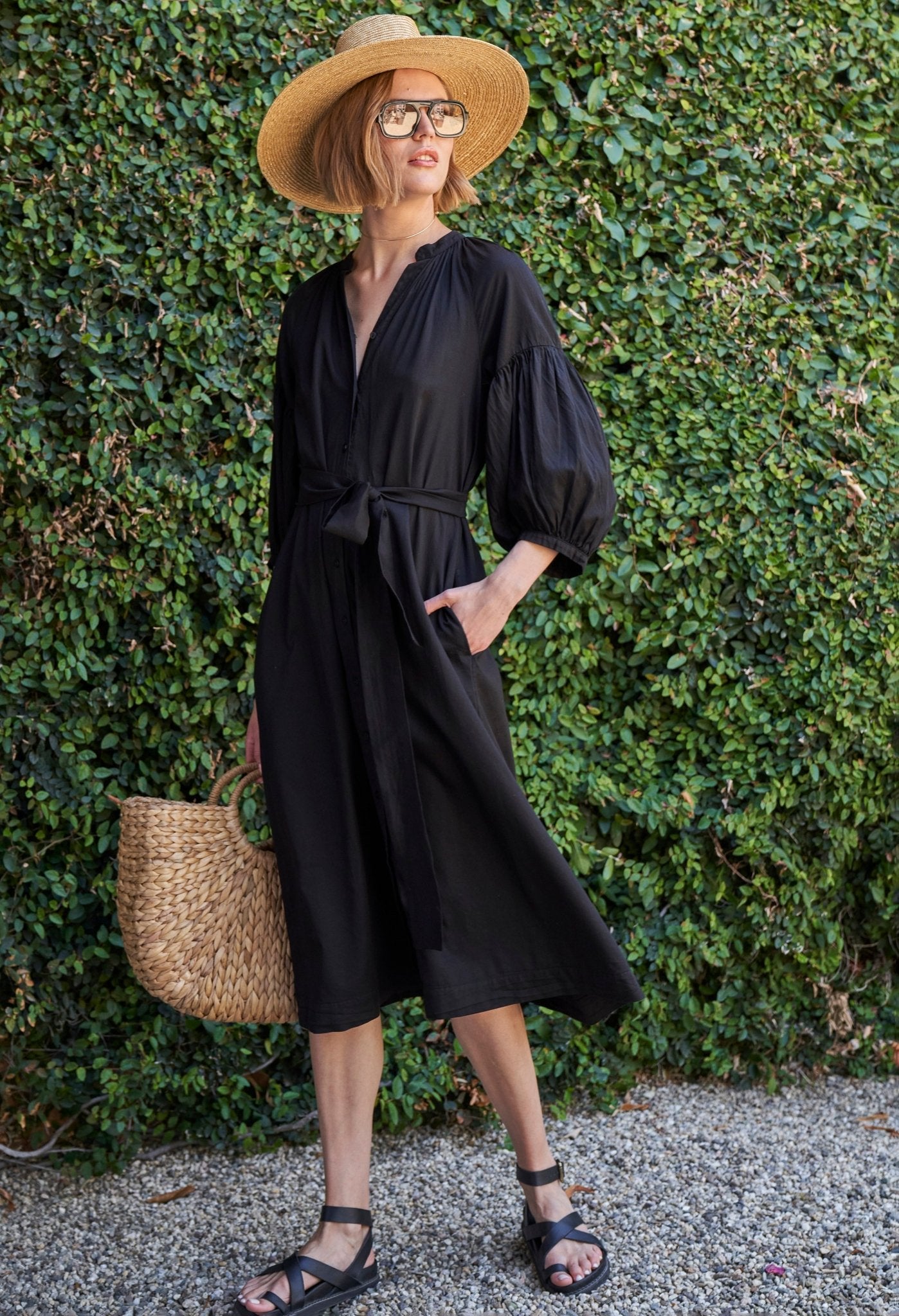 Aubrey Black Cotton Belted Peasant Dress with Pockets - ocean+main