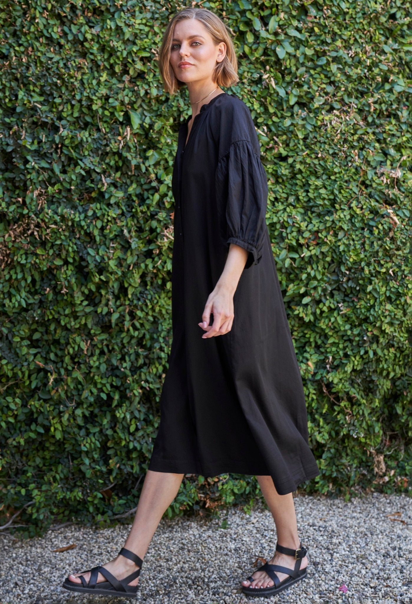 Aubrey Black Cotton Belted Peasant Dress with Pockets - ocean+main