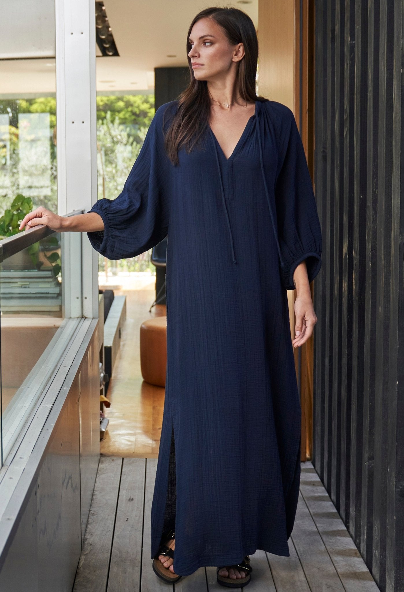 Avery Navy Long Tie Neck Dress Gauze Caftan - ocean+main