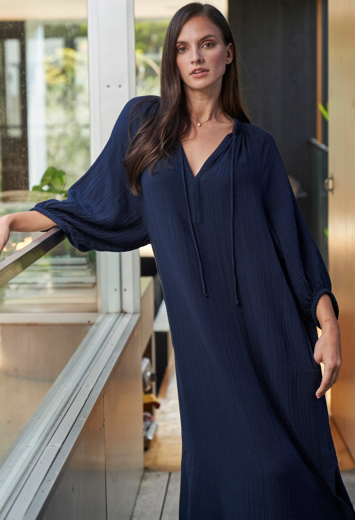 Avery Navy Long Tie Neck Dress Gauze Caftan - ocean+main