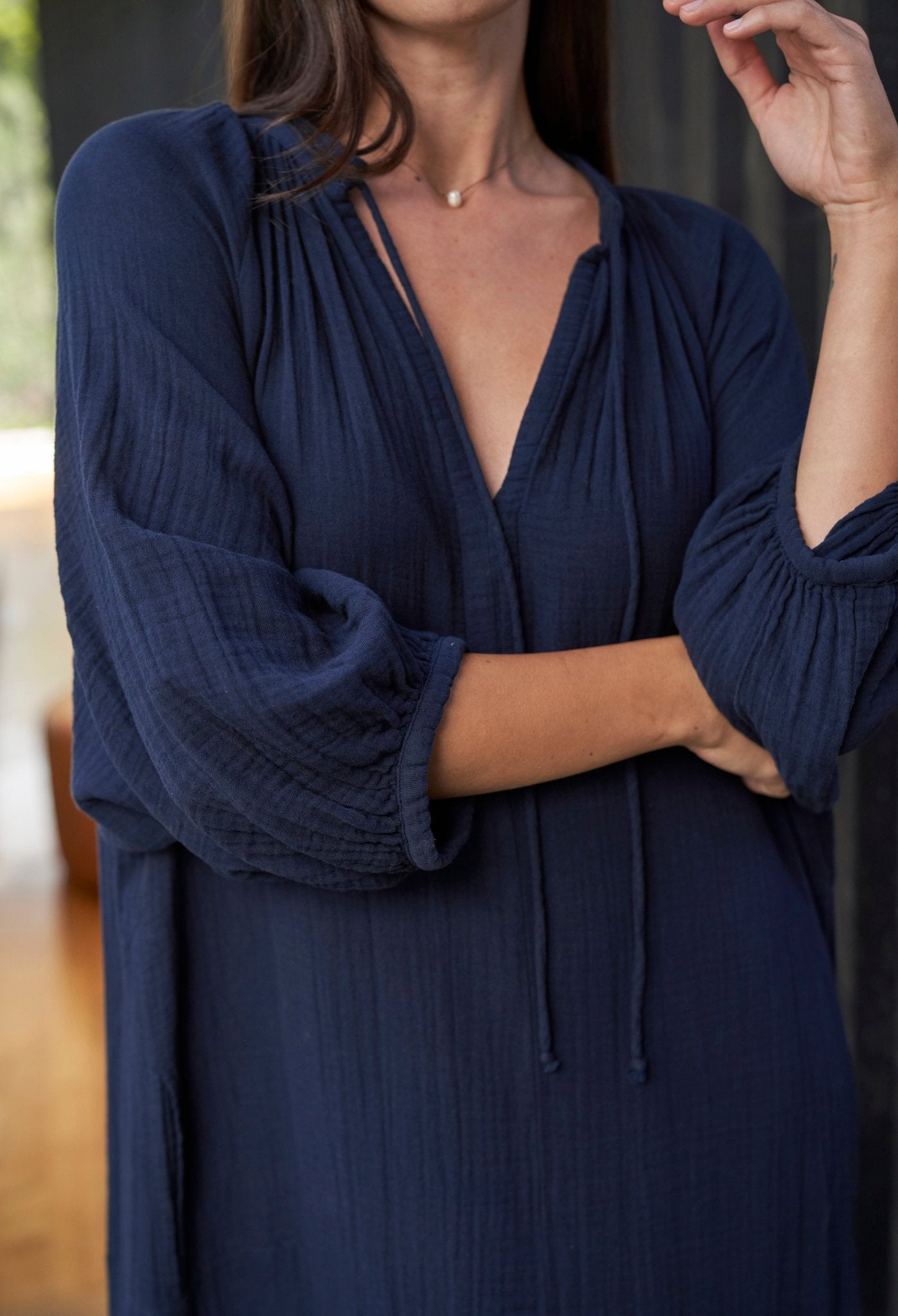 Avery Navy Long Tie Neck Dress Gauze Caftan - ocean+main