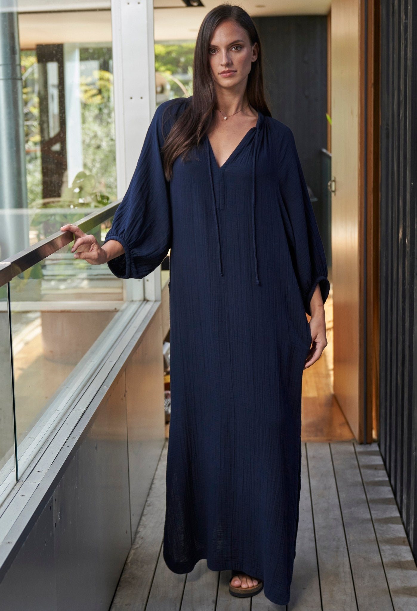 Avery Navy Long Tie Neck Dress Gauze Caftan - ocean+main