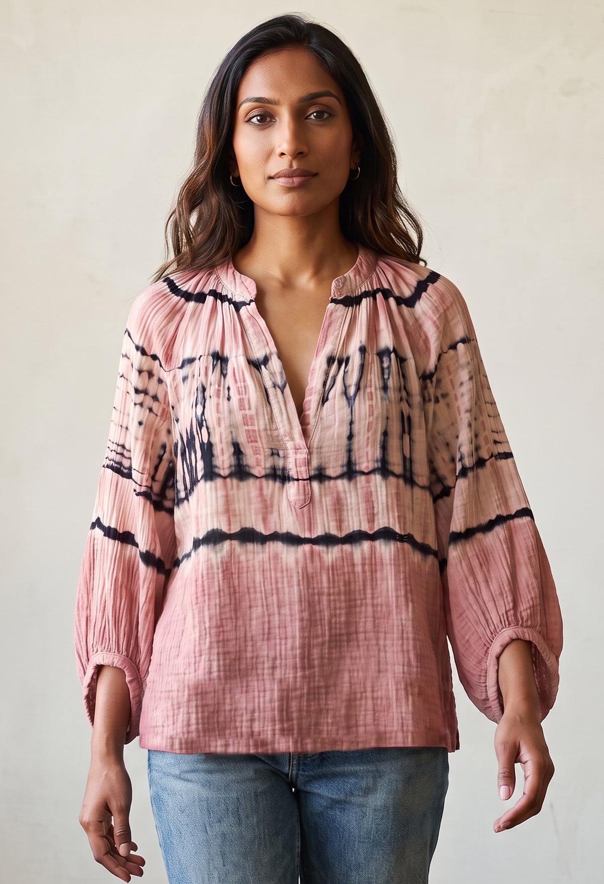 Aztec Print Gauze Top | Hand-Dyed Cotton V-Neck Blouse, Made in LA