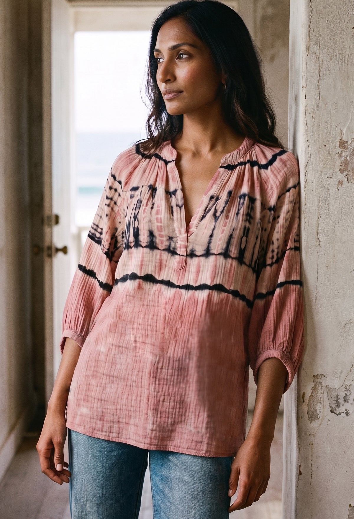 Aztec Print Gauze Top | Hand-Dyed Cotton V-Neck Blouse, Made in LA