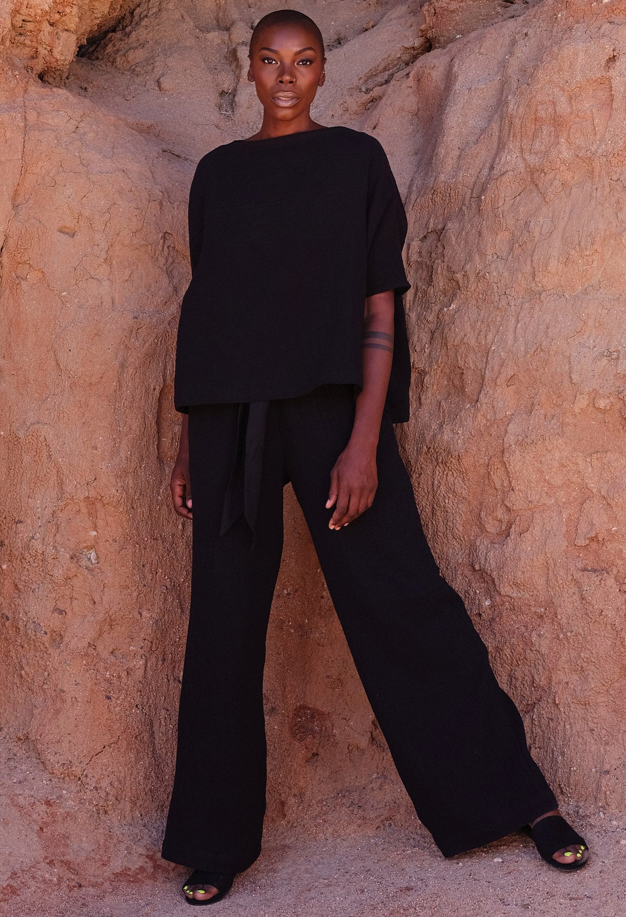 Black Gauze Palazzo Pant WITH Satin Tie Belt - ocean+main