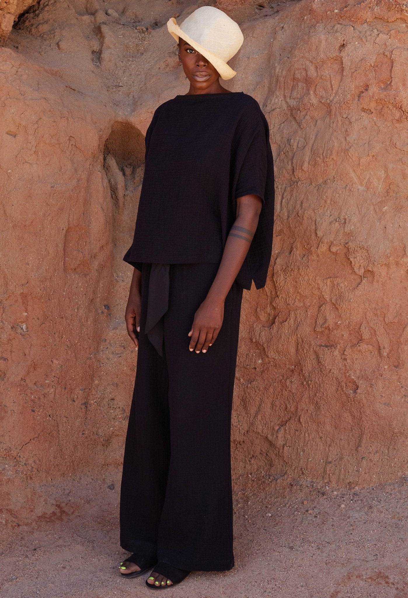 Black Gauze Palazzo Pant WITH Satin Tie Belt - ocean+main