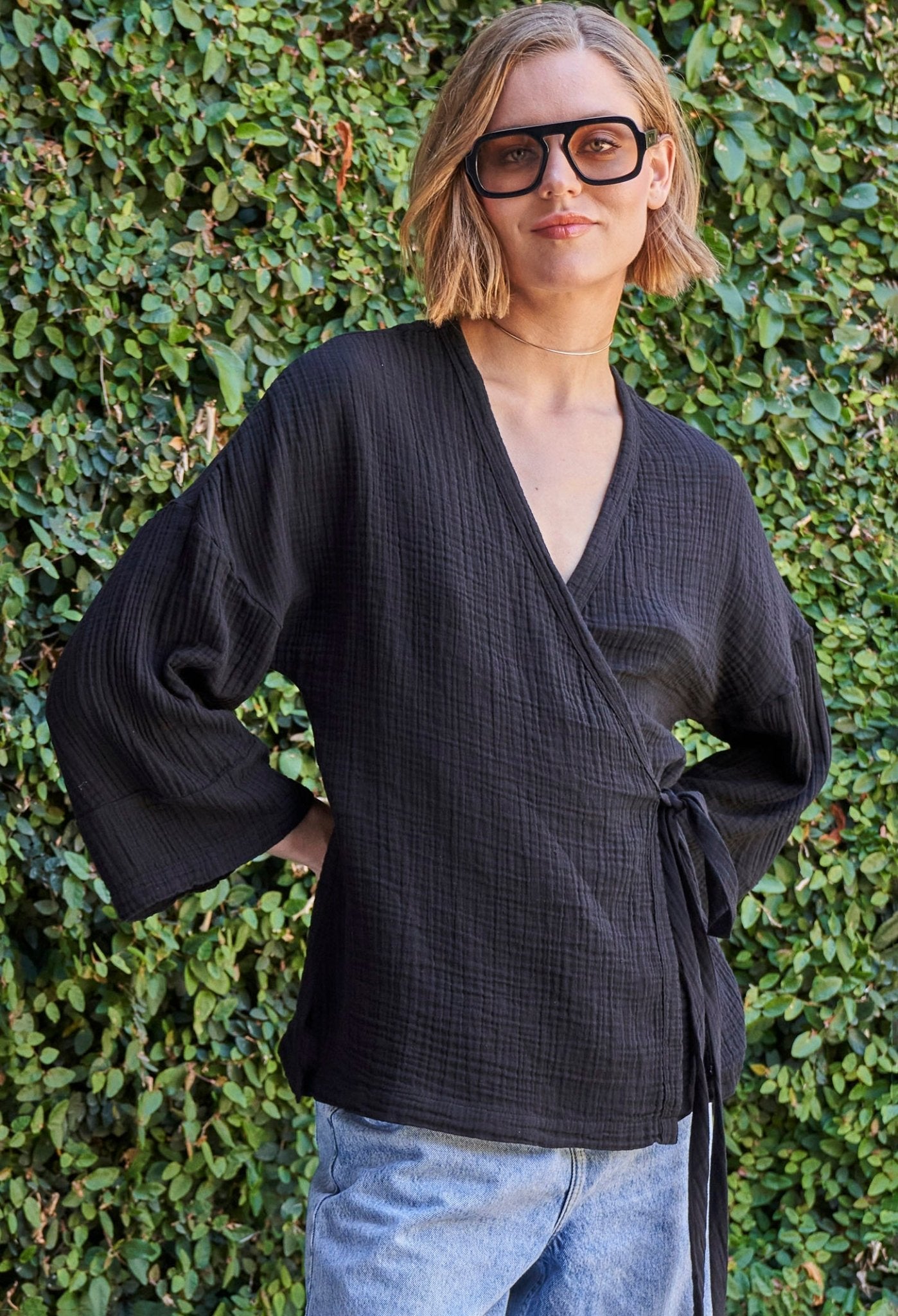 Black Kimono Sleeve Gauze Wrap Top - ocean+main