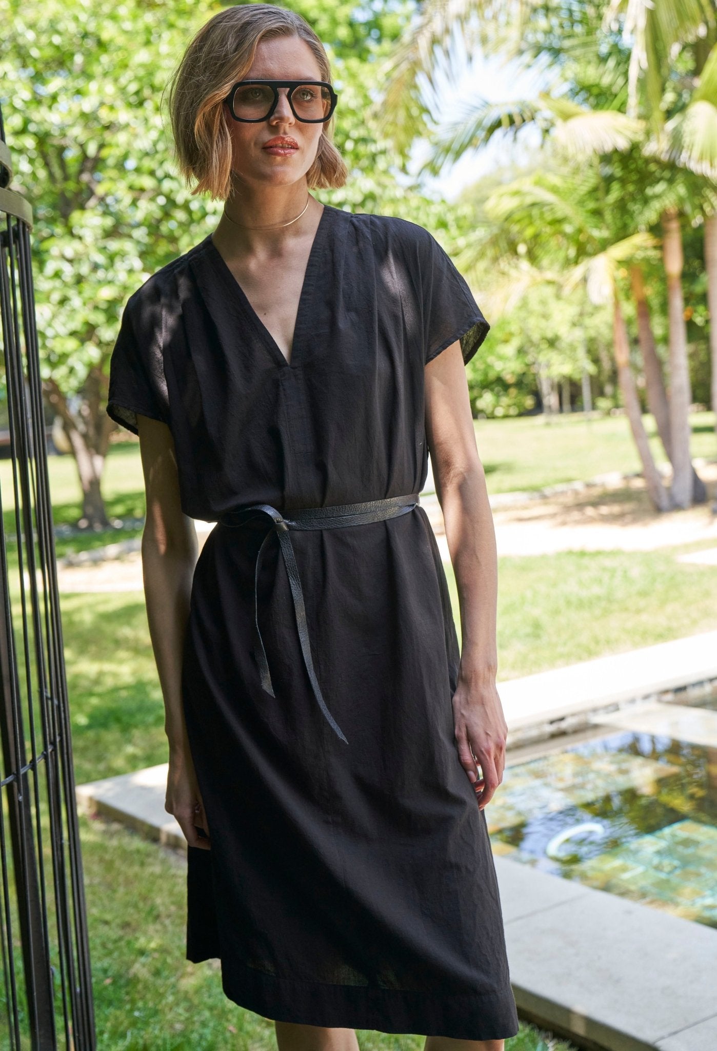 Black Short Cap Sleeve Cotton Belted Dress - ocean+main