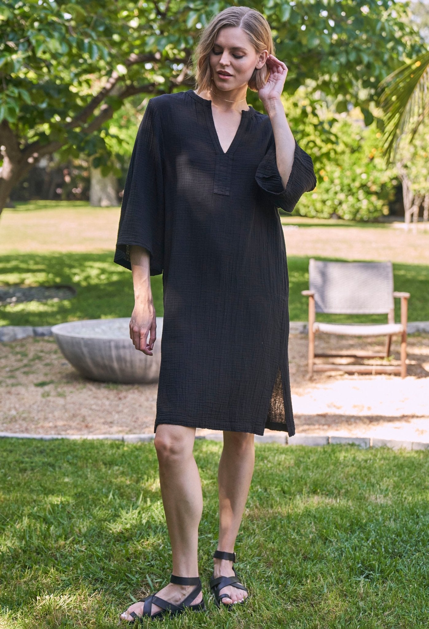 Black Short Gauze Tunic Dress with Pockets - ocean+main