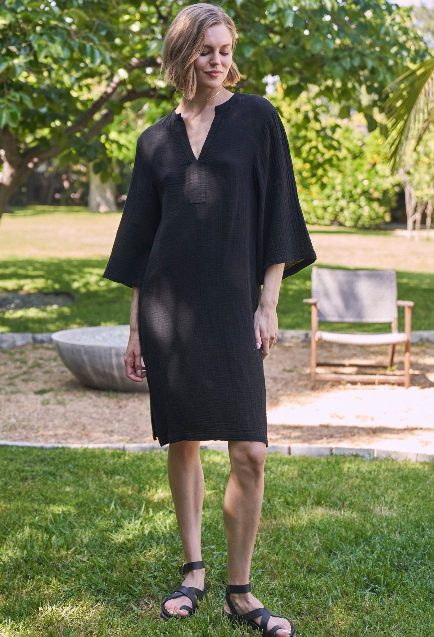 Black Short Gauze Tunic Dress with Pockets - ocean+main