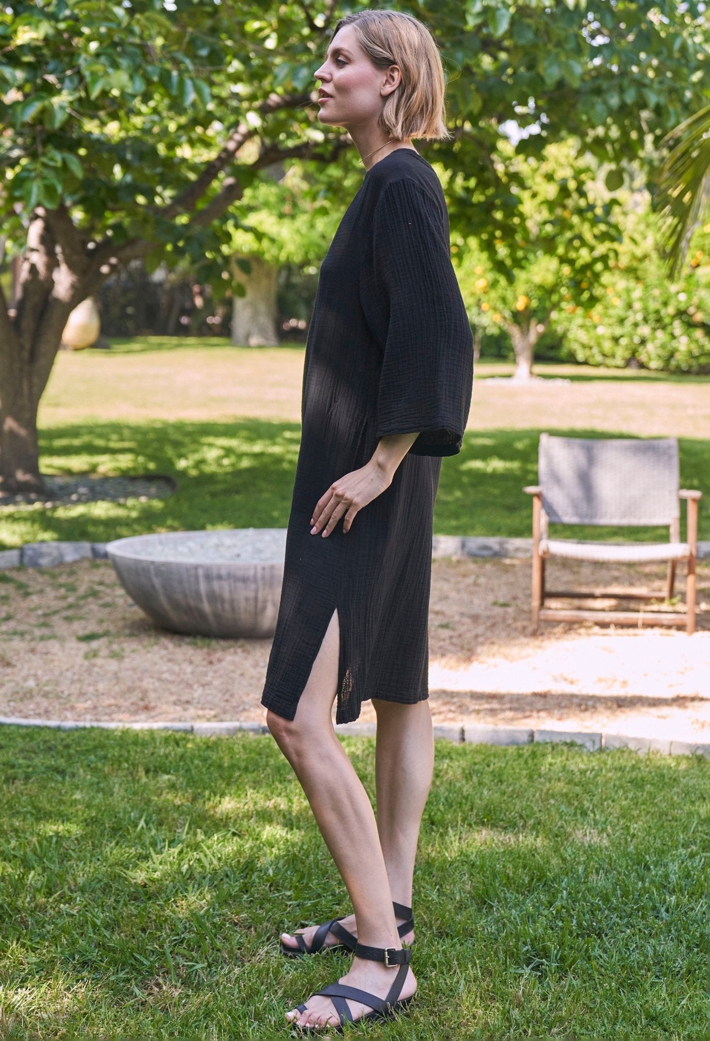 Black Short Gauze Tunic Dress with Pockets - ocean+main