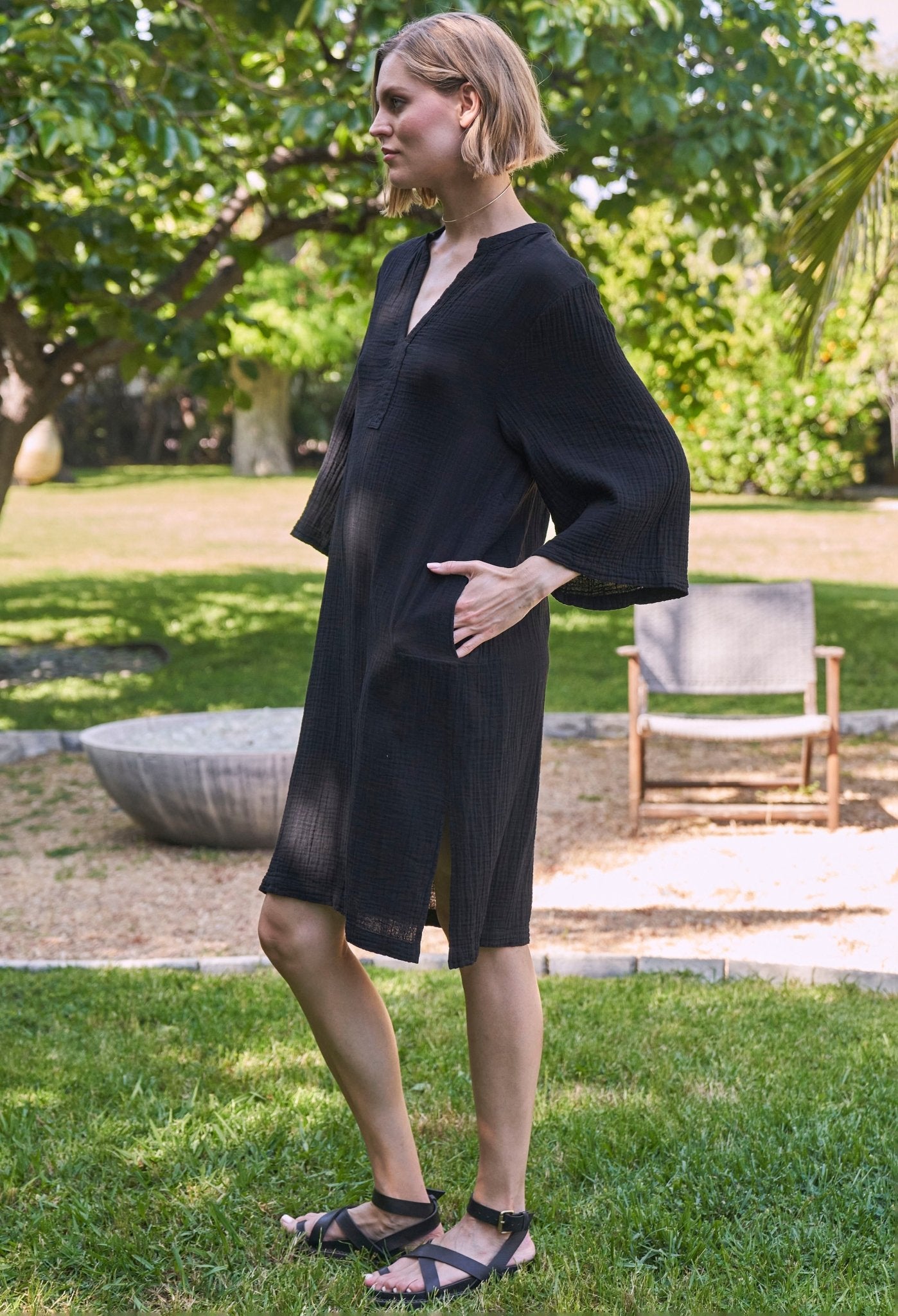 Black Short Gauze Tunic Dress with Pockets - ocean+main