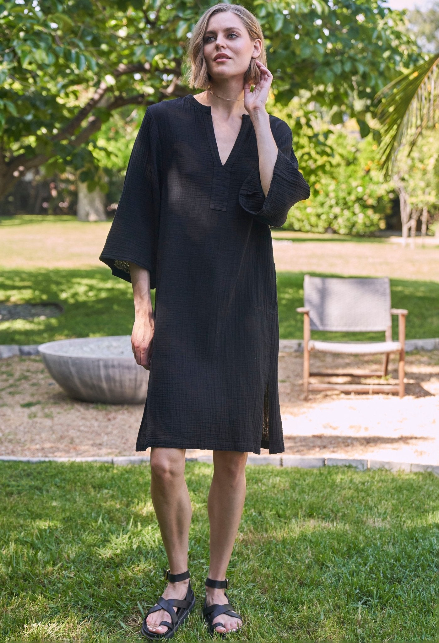 Black Short Gauze Tunic Dress with Pockets - ocean+main