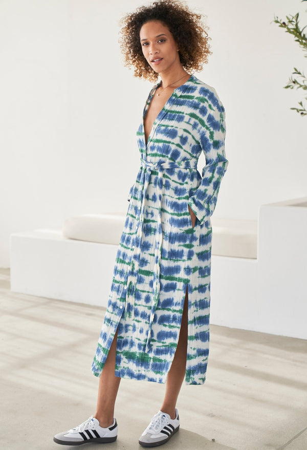 Blue and Green Button Front Belted Cotton Gauze Tunic Dress - ocean+main