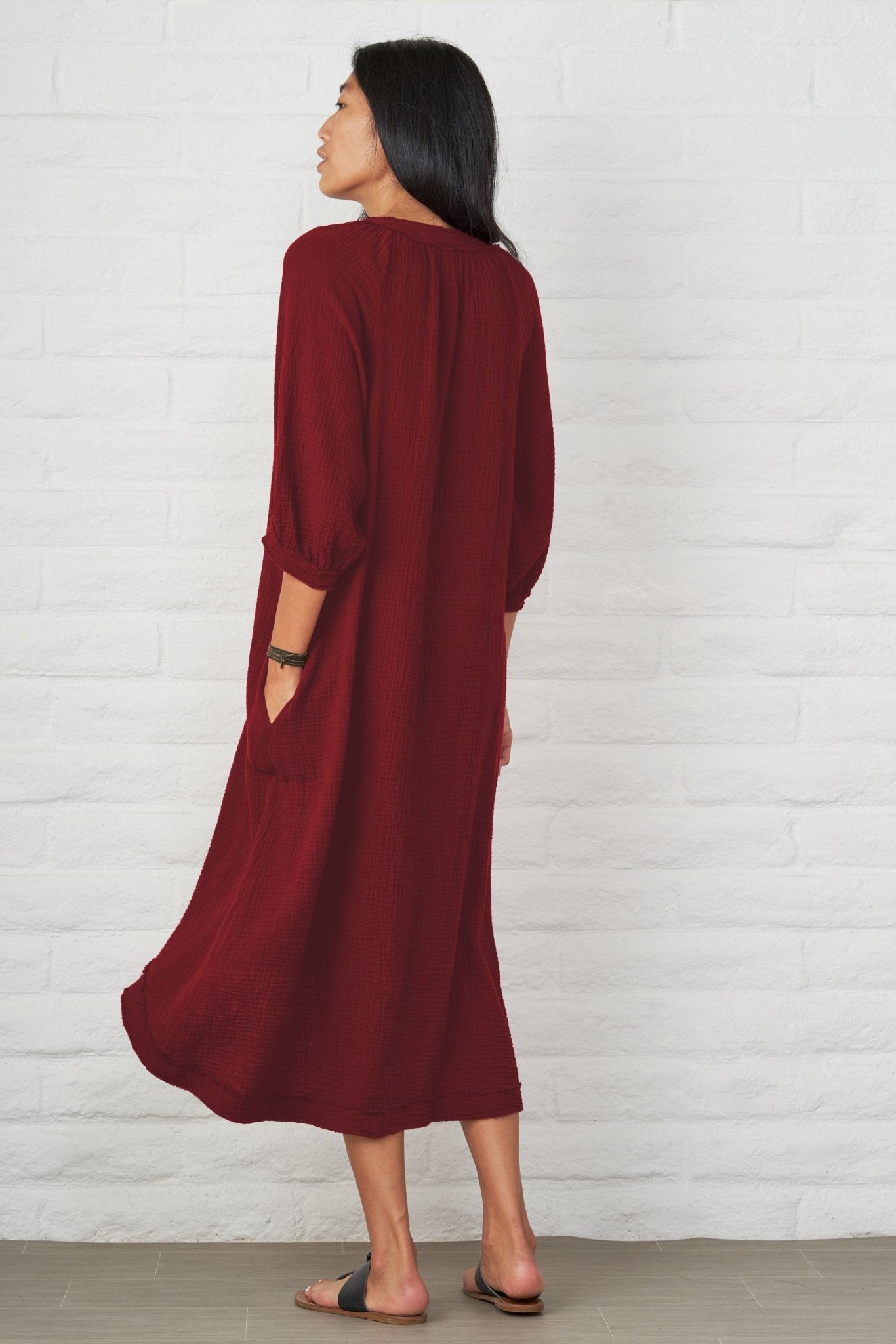 Burgundy Cotton Gauze Dress with Pockets - ocean+main