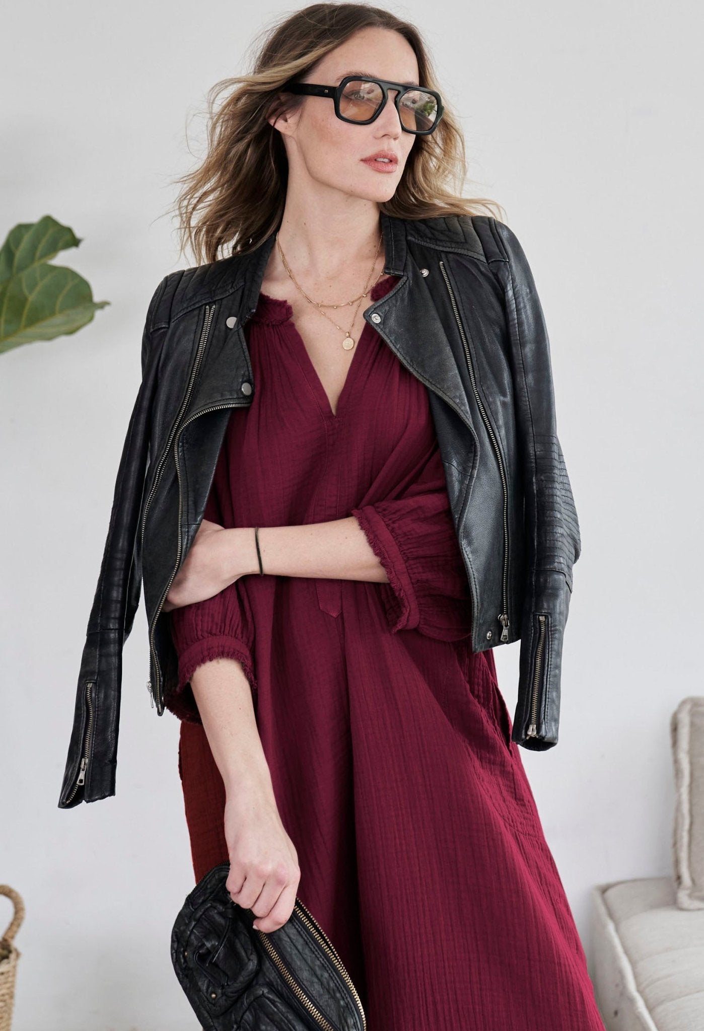Burgundy Cotton Gauze Dress with Pockets - ocean+main
