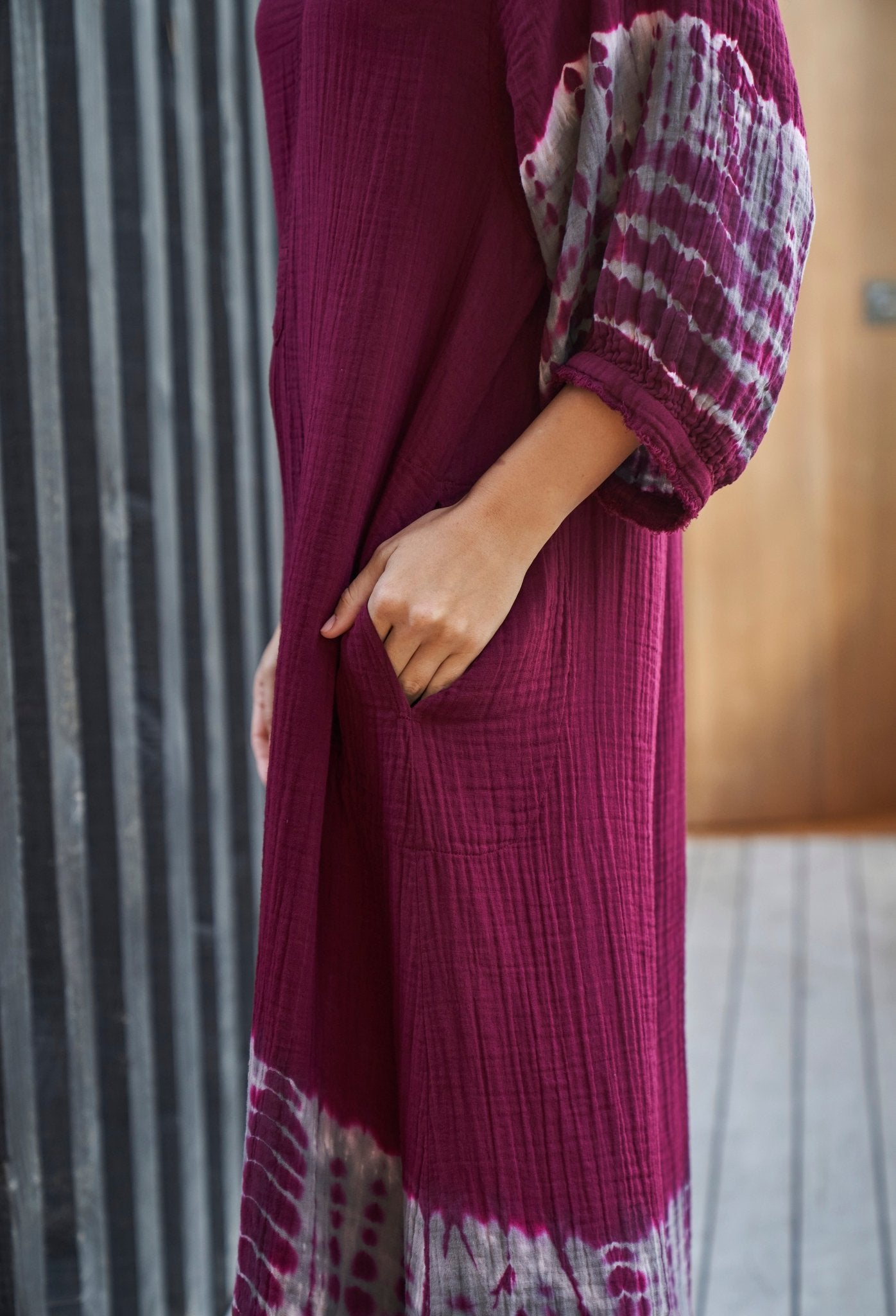 Burgundy + Grey Tie Dye Hem Gauze Dress with Pockets - ocean+main