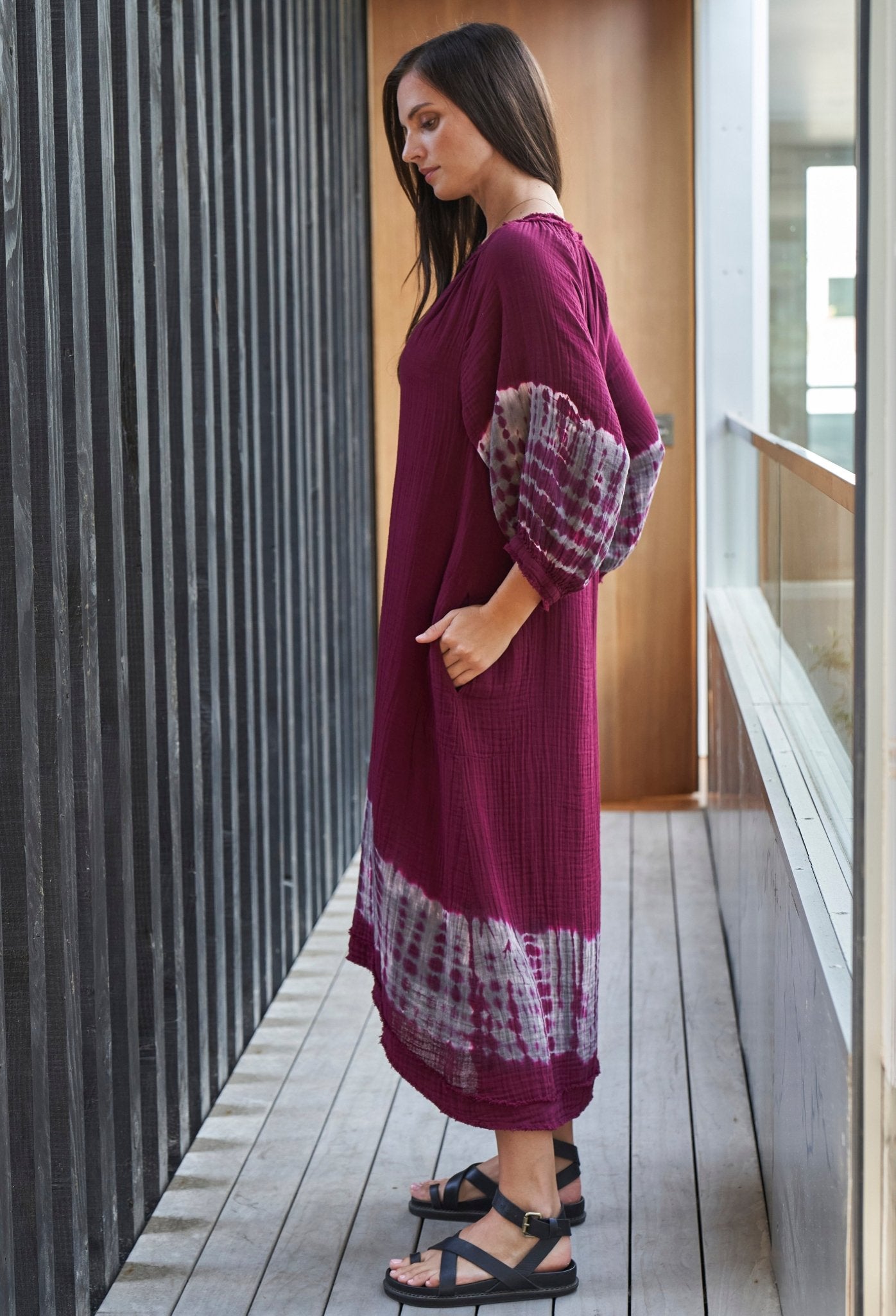 Burgundy + Grey Tie Dye Hem Gauze Dress with Pockets - ocean+main