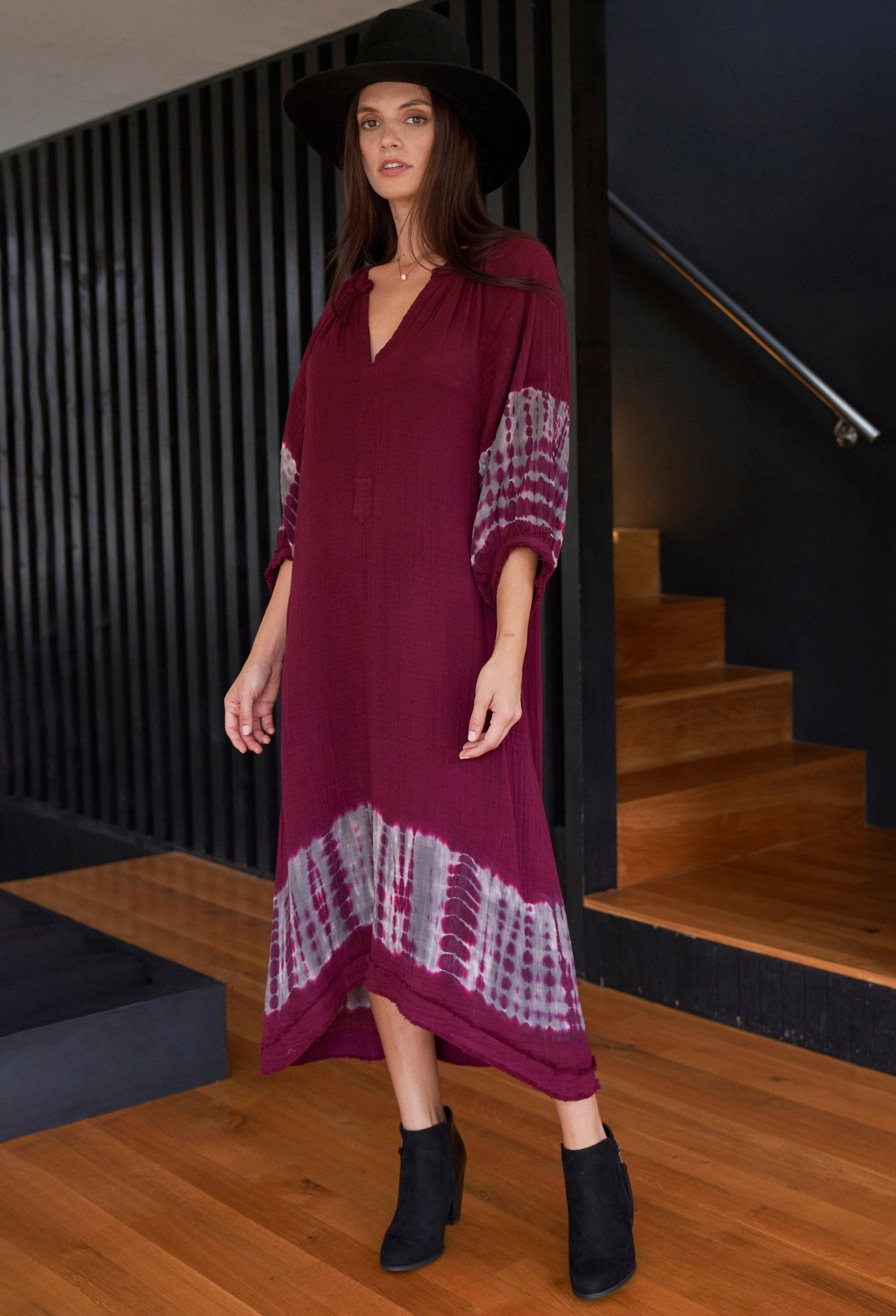 Burgundy + Grey Tie Dye Hem Gauze Dress with Pockets - ocean+main