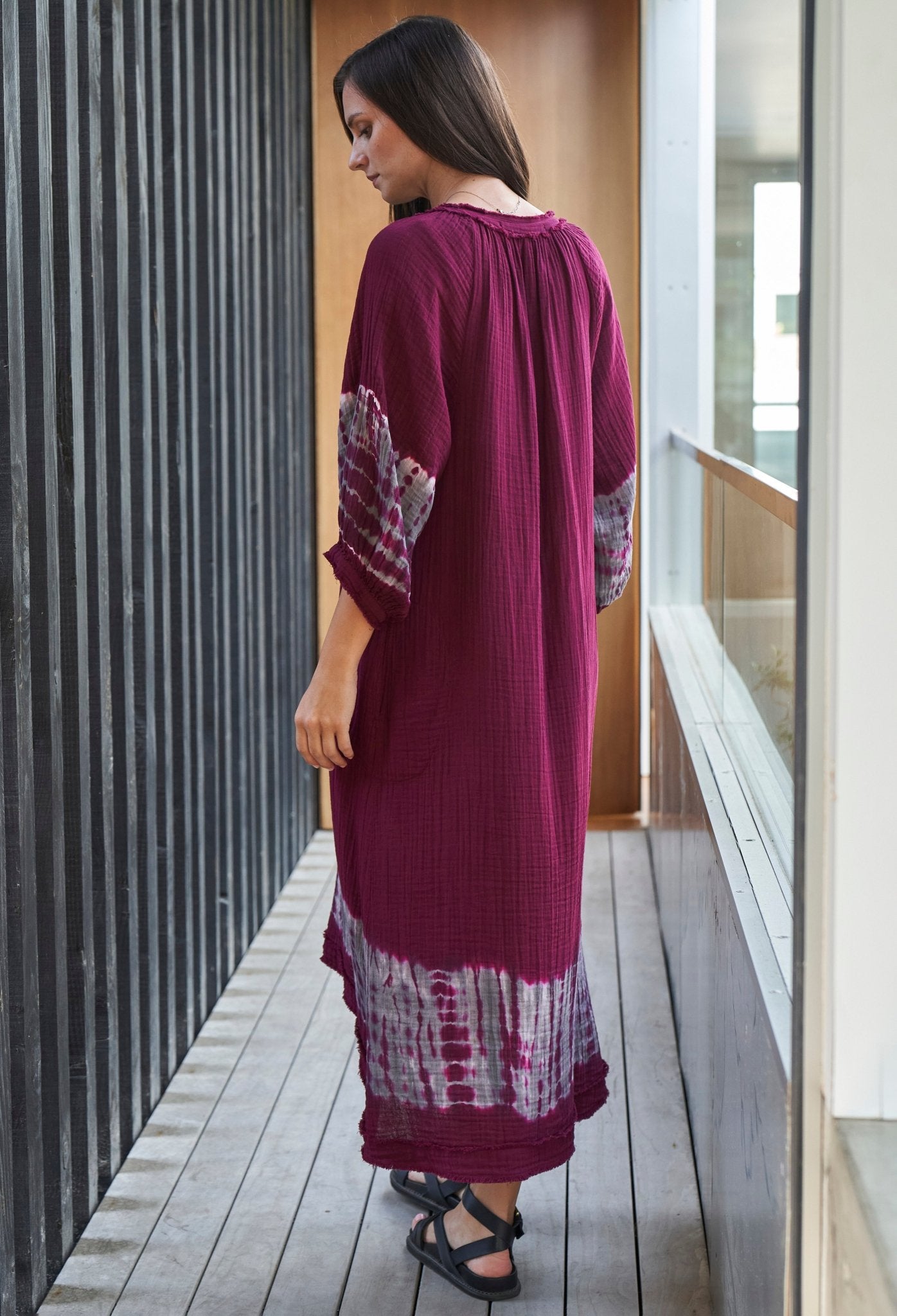 Burgundy + Grey Tie Dye Hem Gauze Dress with Pockets - ocean+main