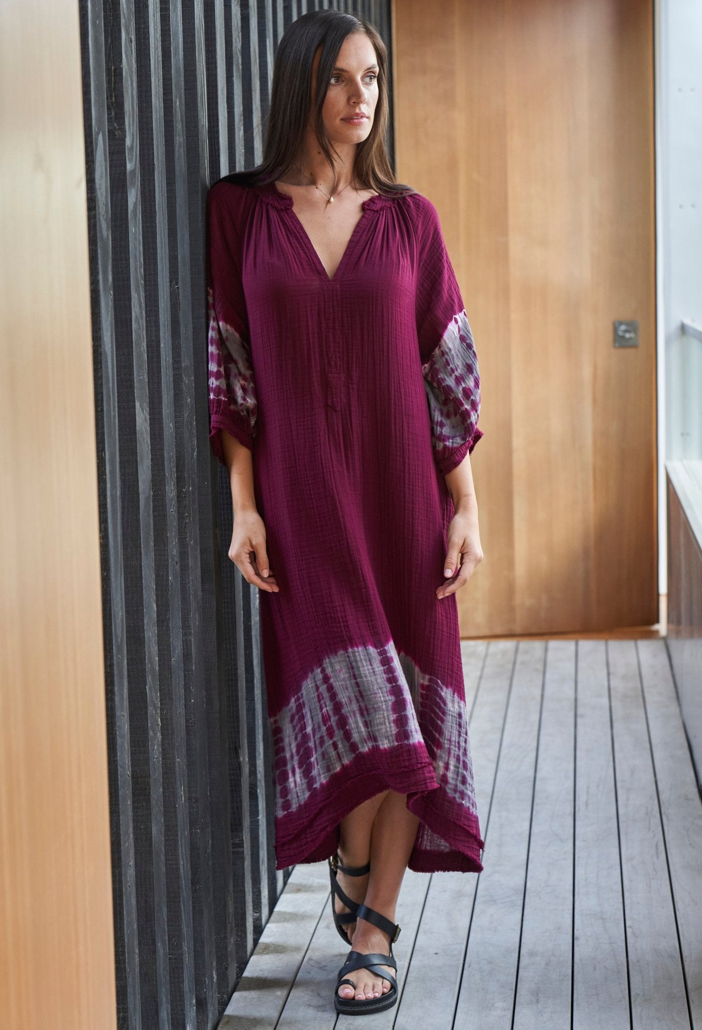Burgundy + Grey Tie Dye Hem Gauze Dress with Pockets - ocean+main