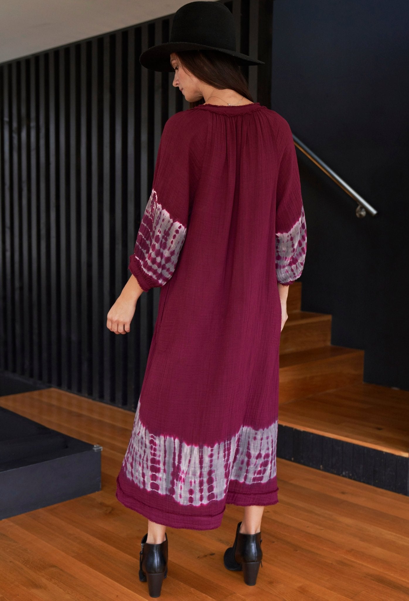 Burgundy + Grey Tie Dye Hem Gauze Dress with Pockets - ocean+main