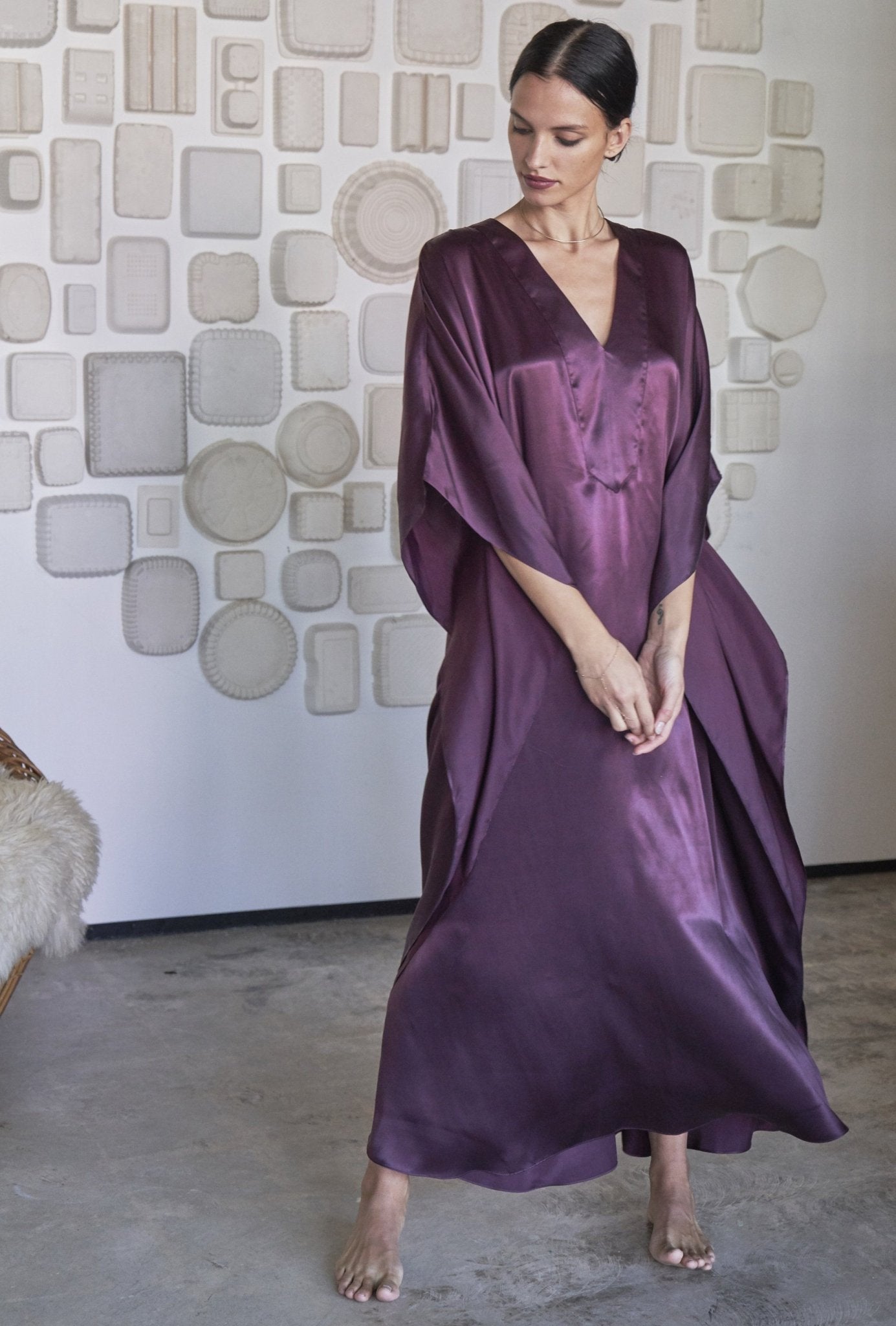 Burgundy Silk Placket V - Neck Long Caftan - Limited Edition! - ocean+main