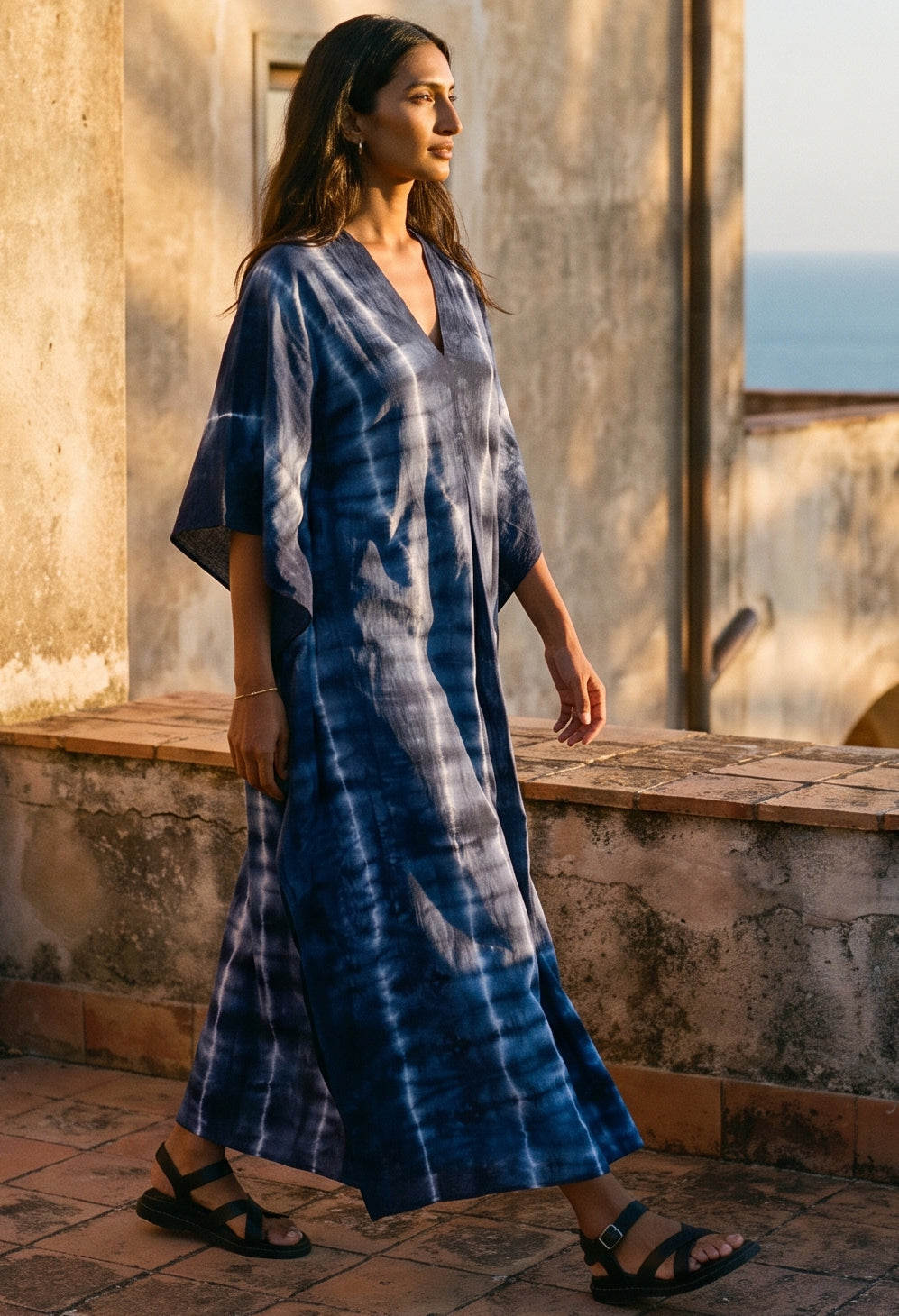 Long Navy Tie Dye Maxi Cotton Classic Caftan