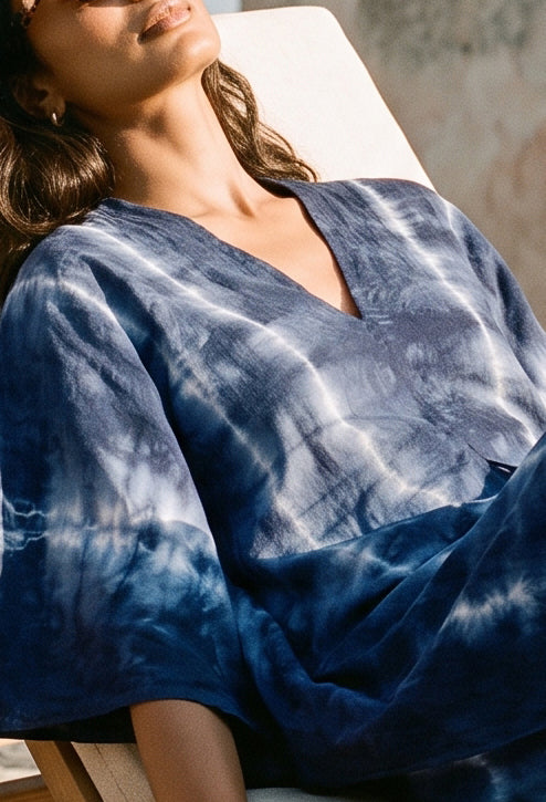 Long Navy Tie Dye Maxi Cotton Classic Caftan