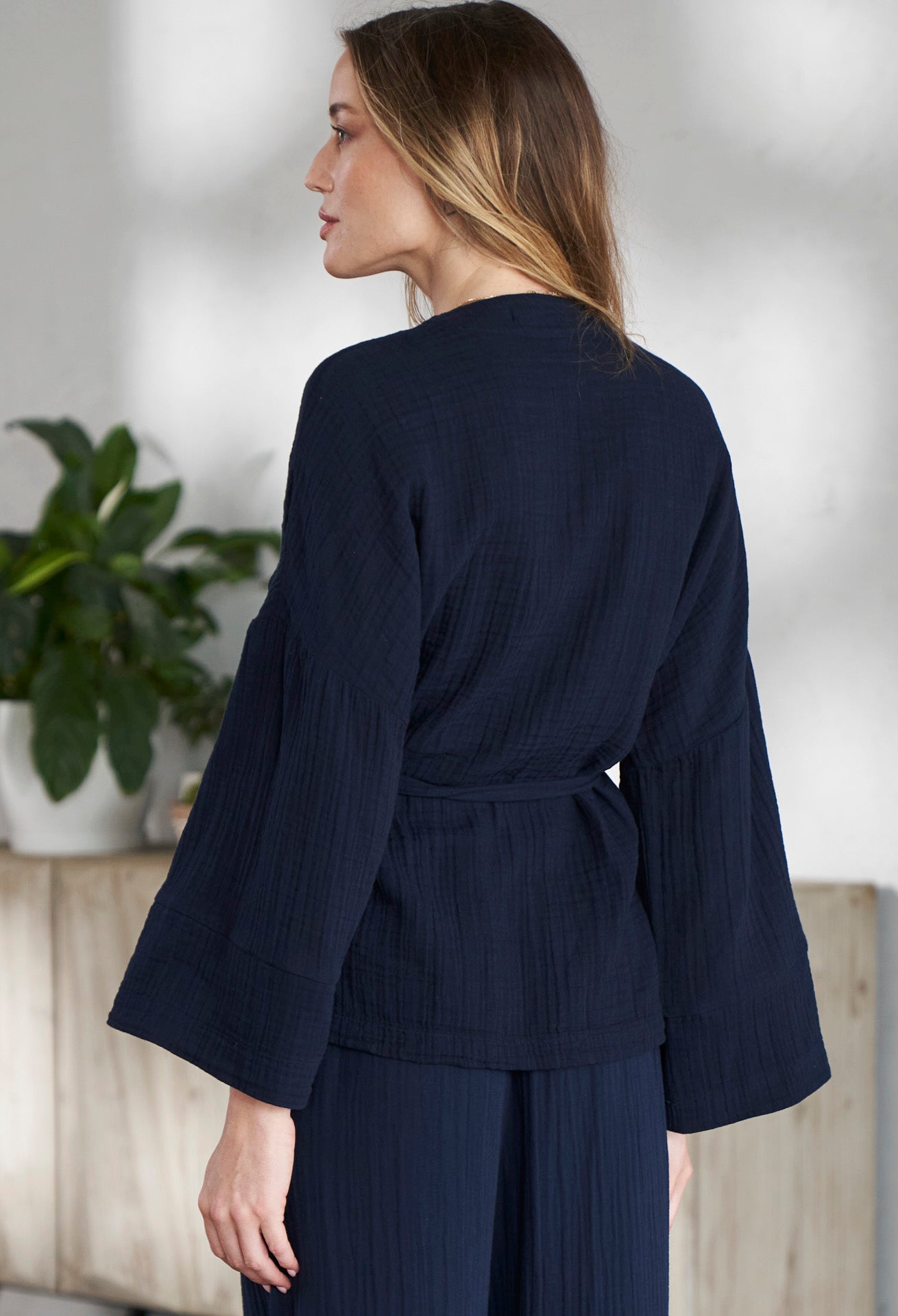 Navy Kimono Sleeve Gauze Wrap Top - Sale