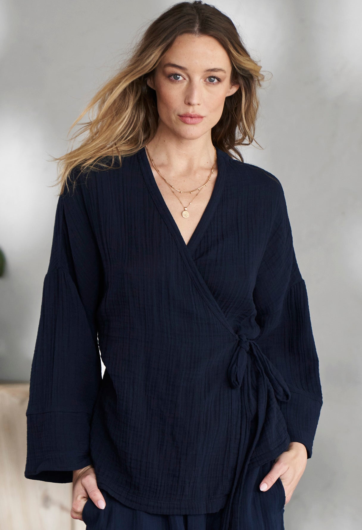 Navy Kimono Sleeve Gauze Wrap Top - Sale