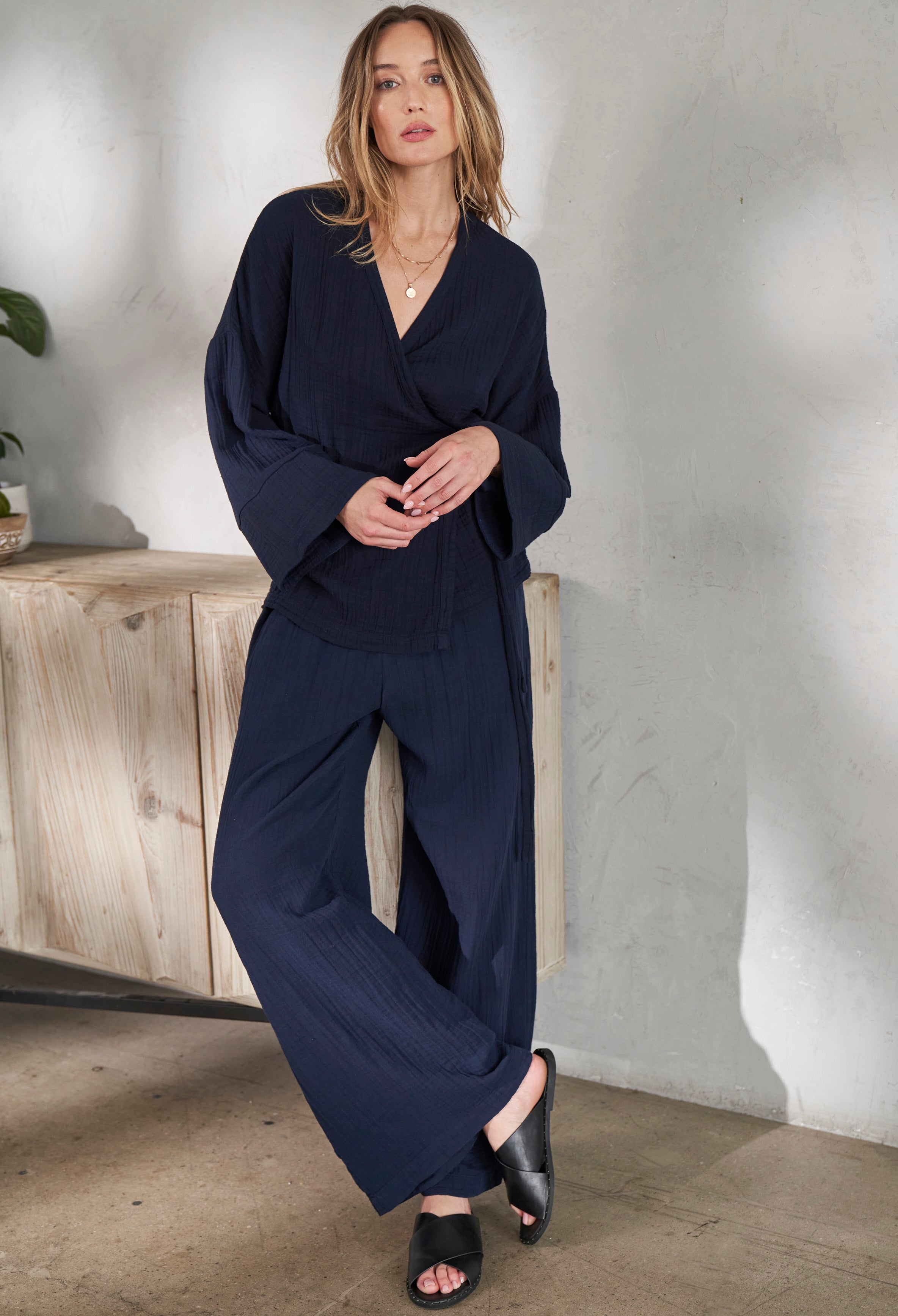 Navy Kimono Sleeve Gauze Wrap Top - Sale