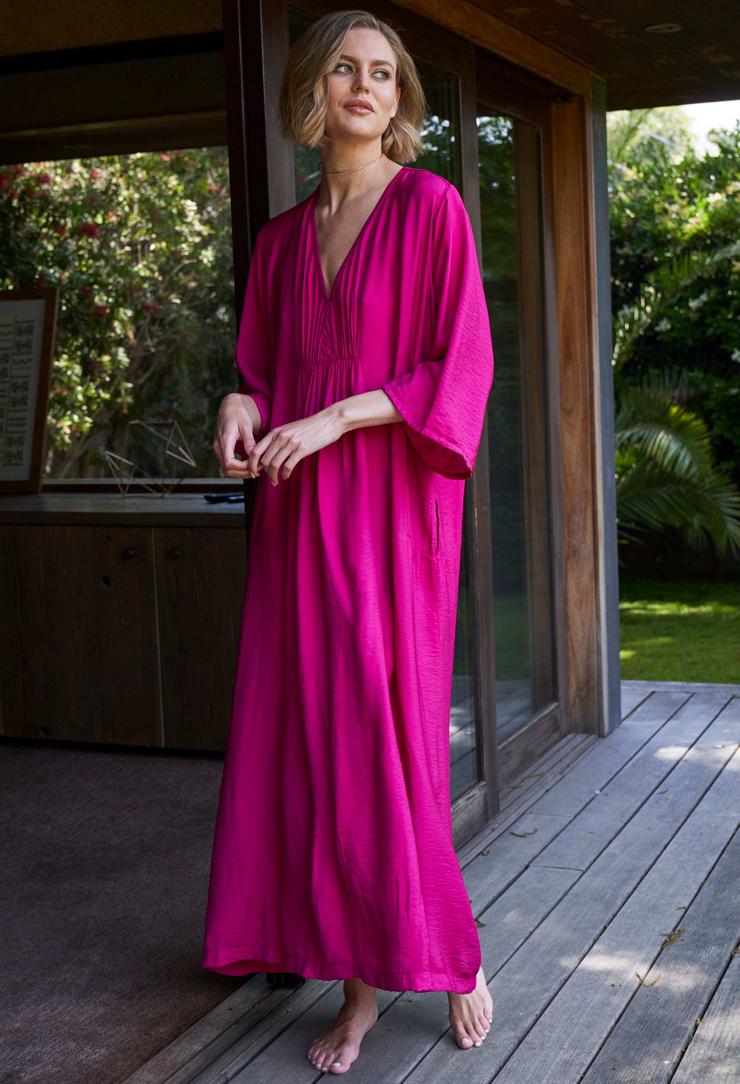 Fuchsia Cupro Rouched Front Caftan