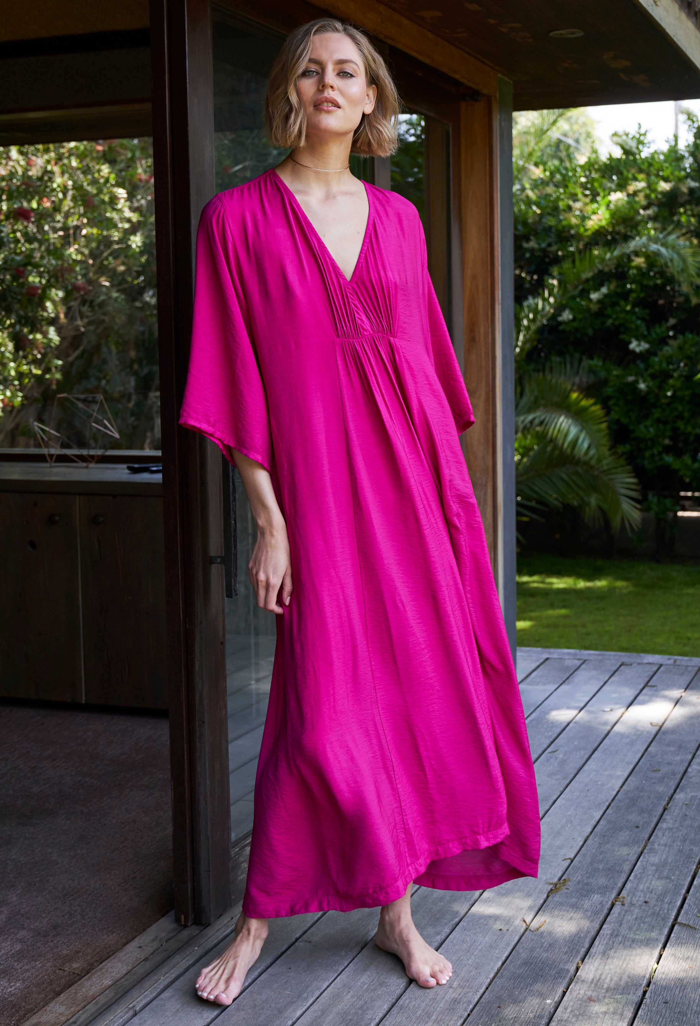 Fuchsia Cupro Rouched Front Caftan