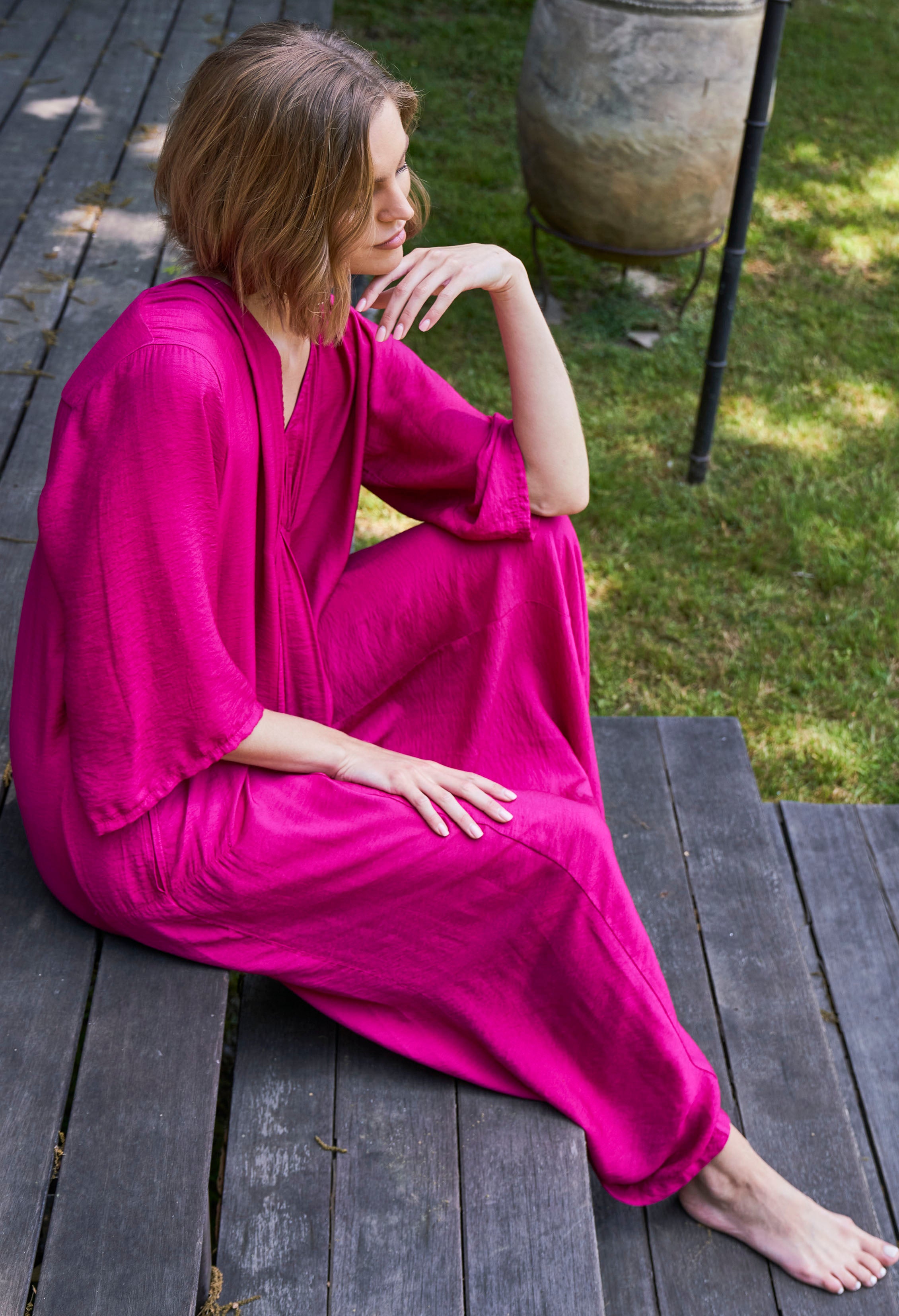 Fuchsia Cupro Rouched Front Caftan