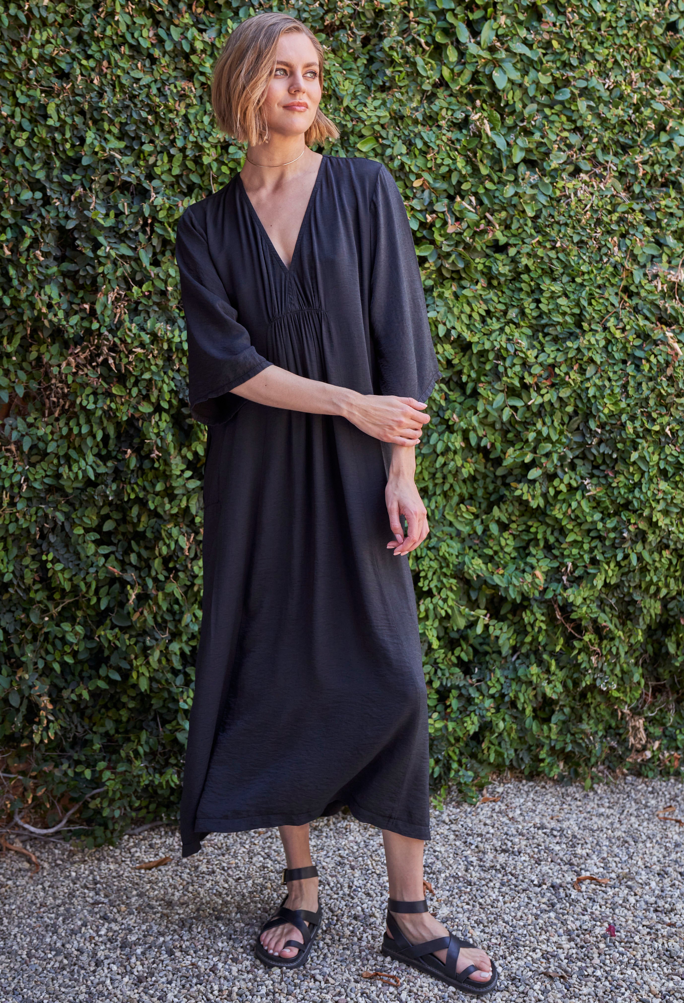 Black Cupro Rouched Front Caftan