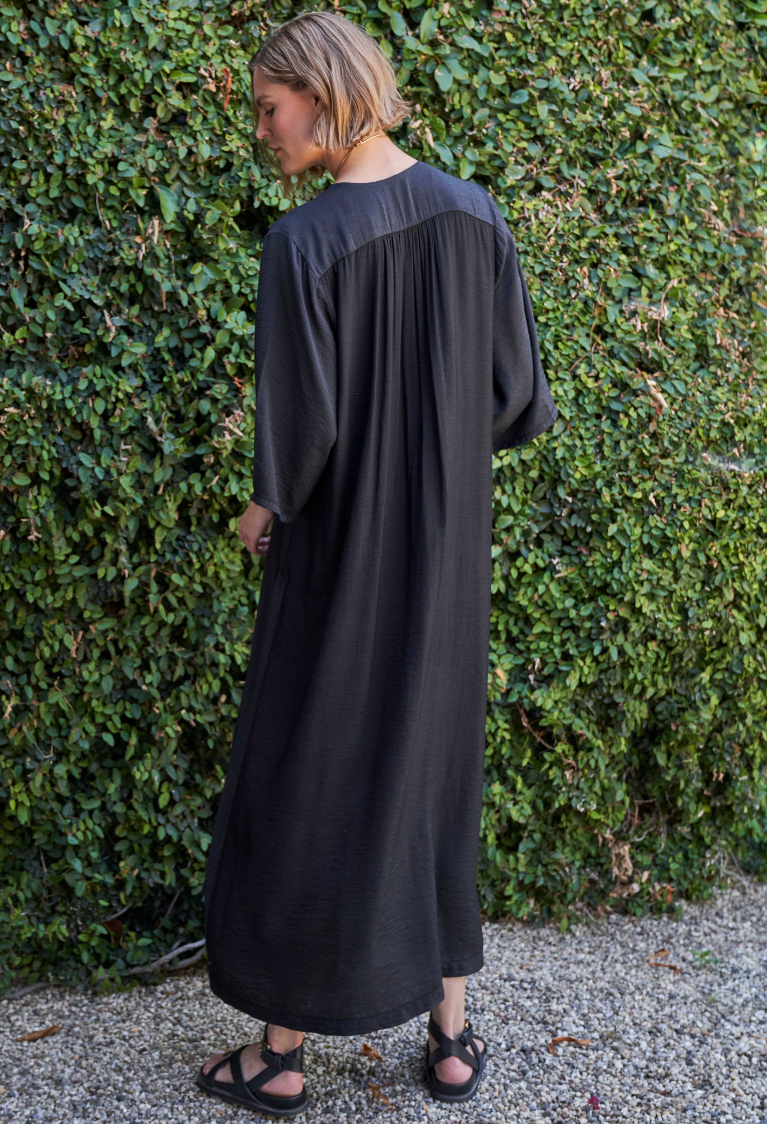 Black Cupro Rouched Front Caftan