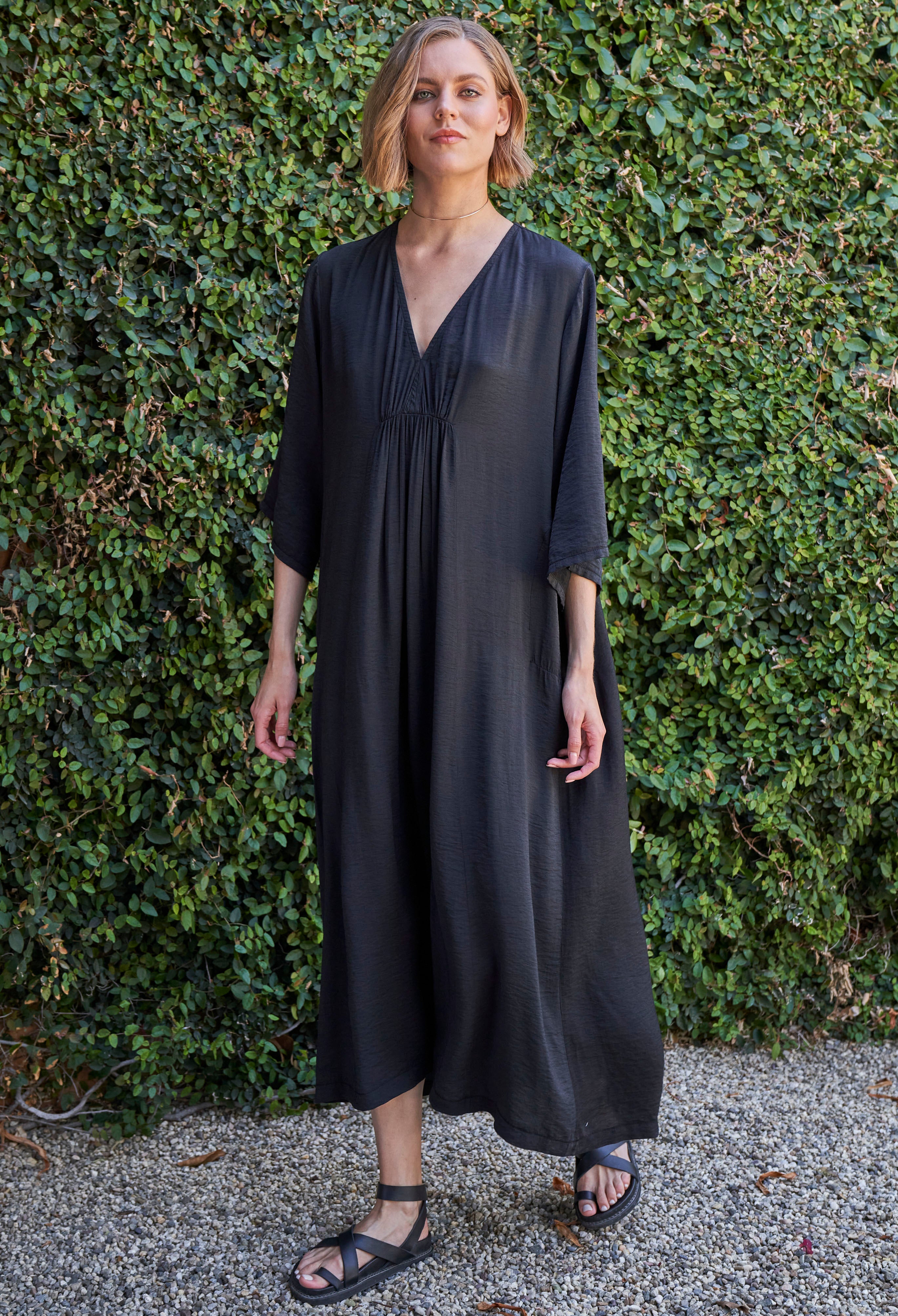 Black Cupro Rouched Front Caftan
