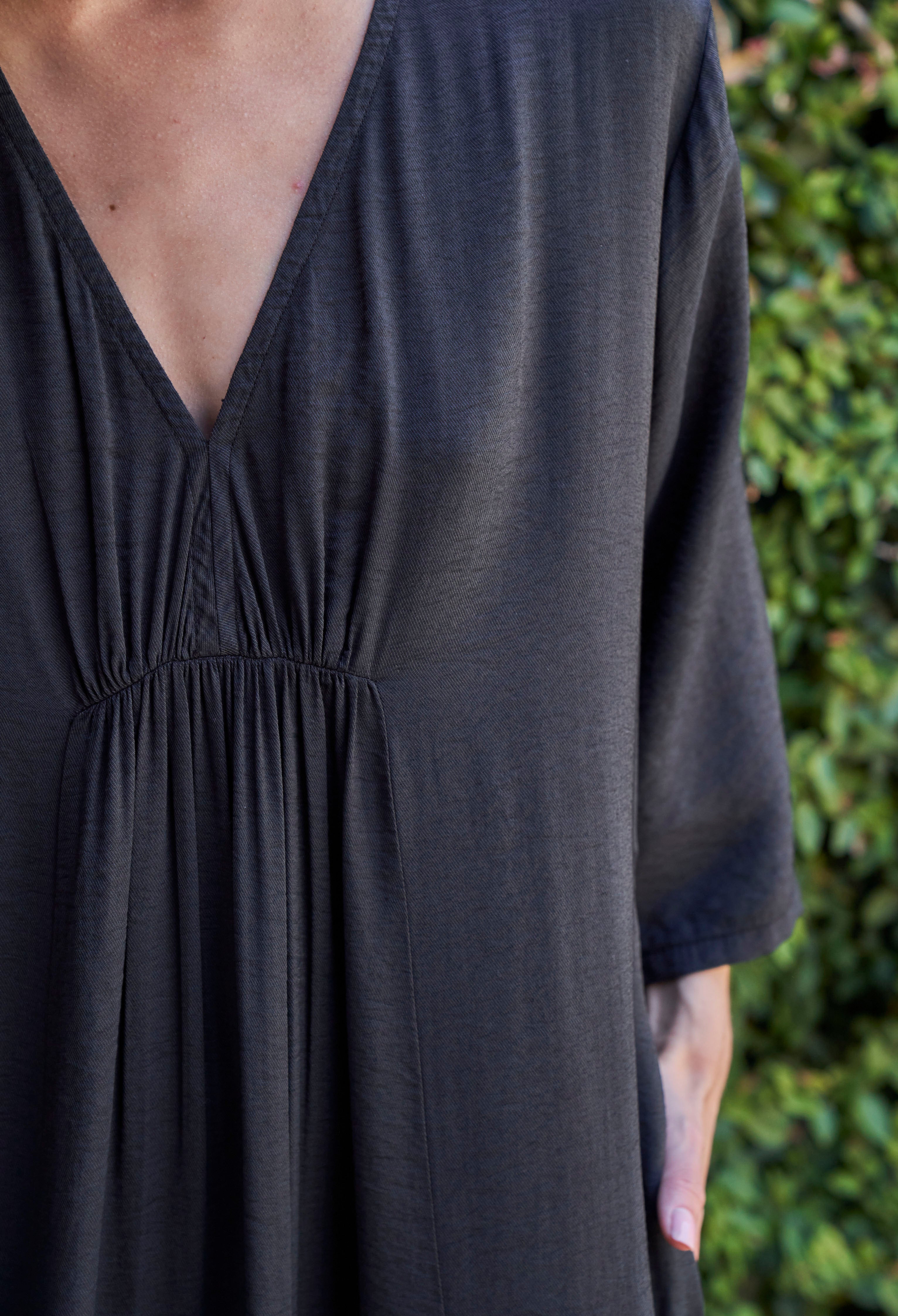 Black Cupro Rouched Front Caftan