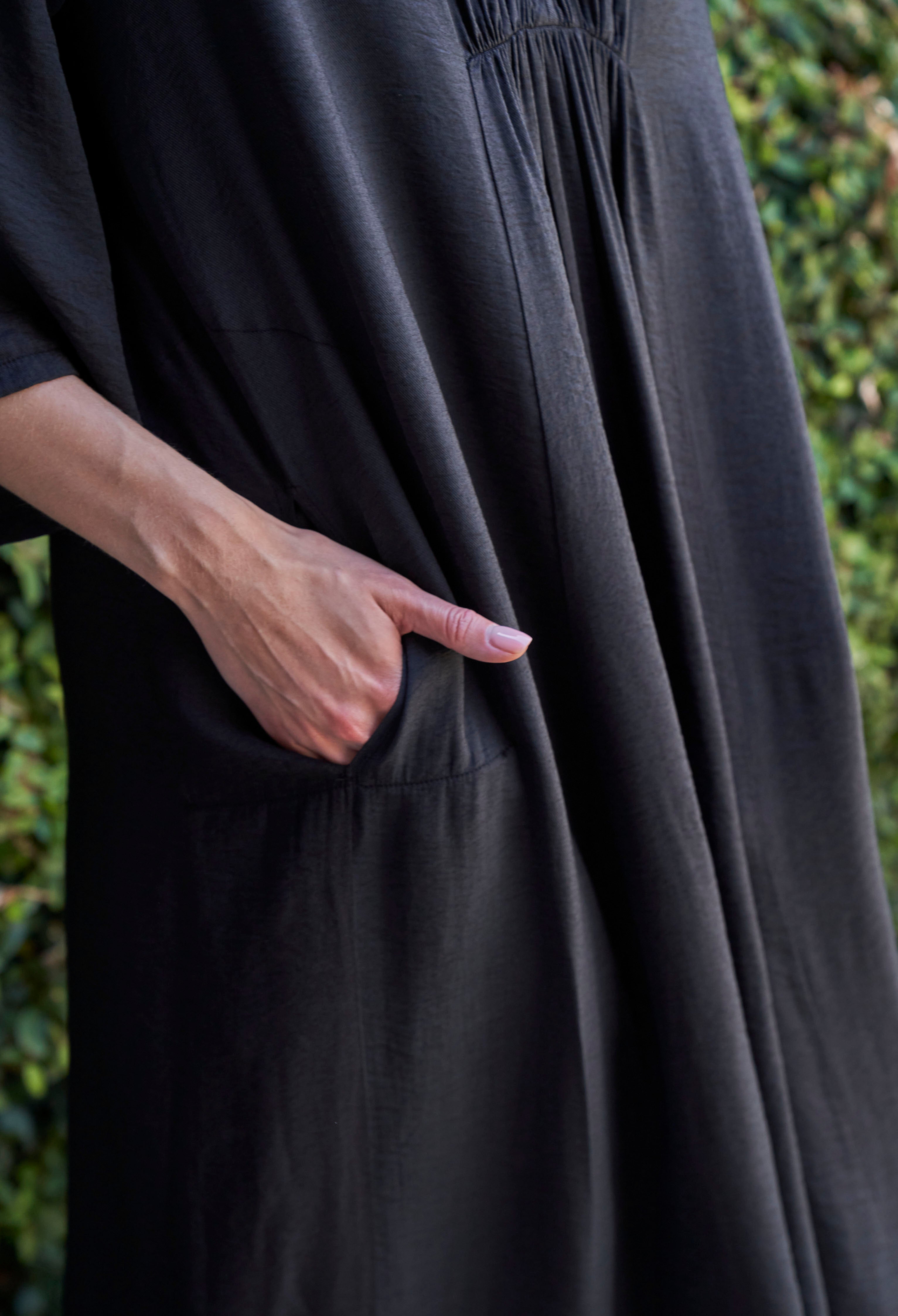 Black Cupro Rouched Front Caftan