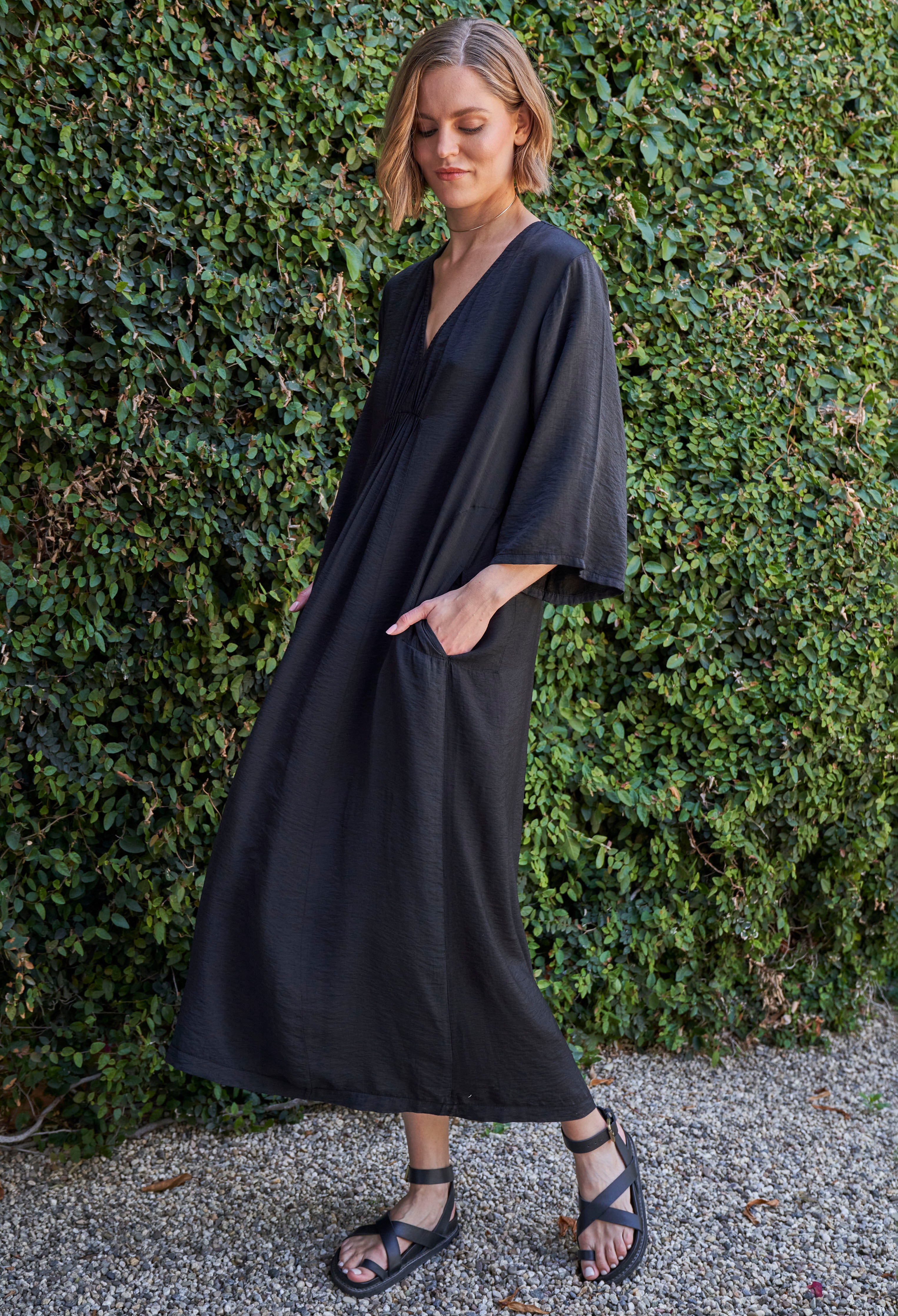 Black Cupro Rouched Front Caftan