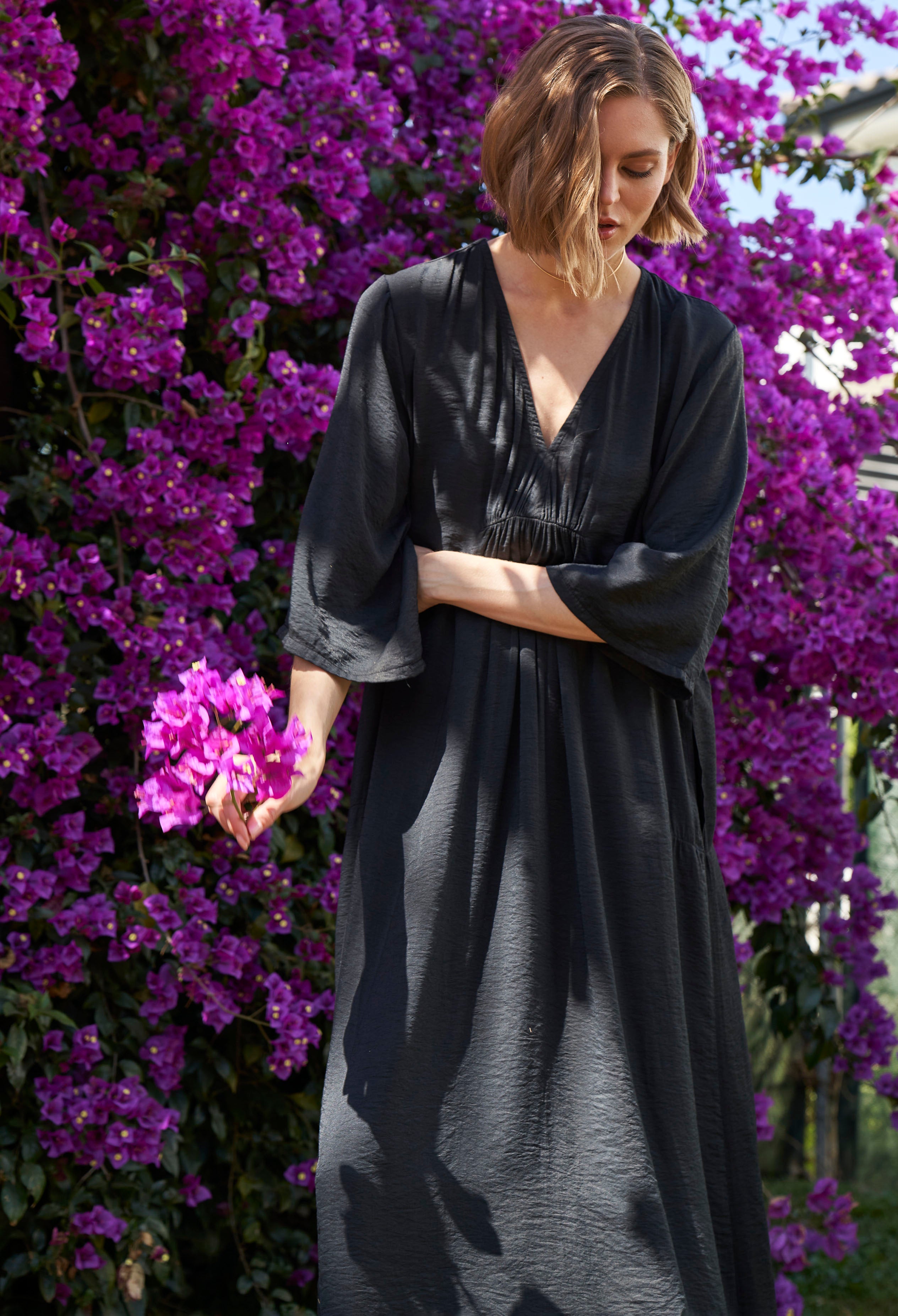 Black Cupro Rouched Front Caftan