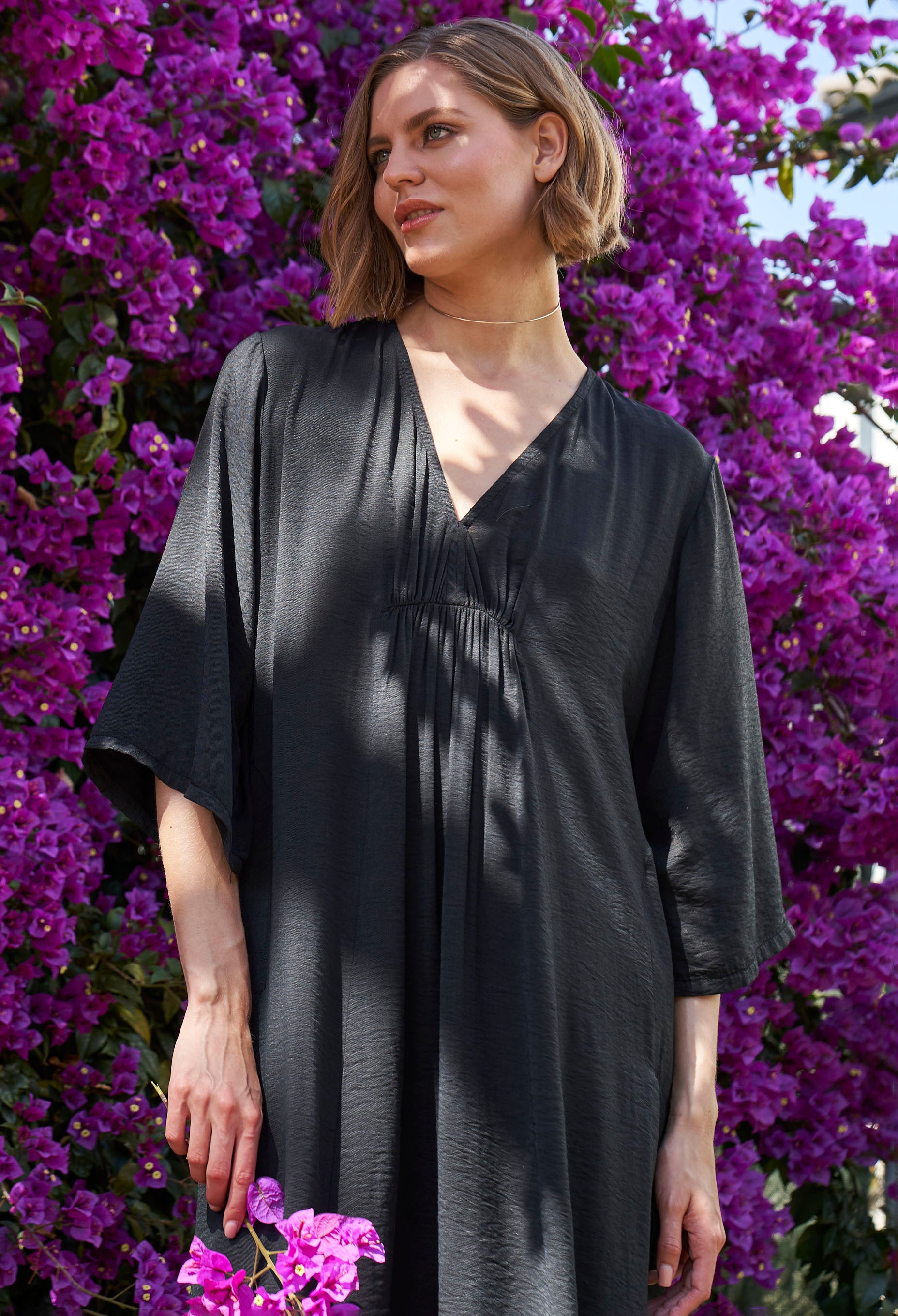 Black Cupro Rouched Front Caftan