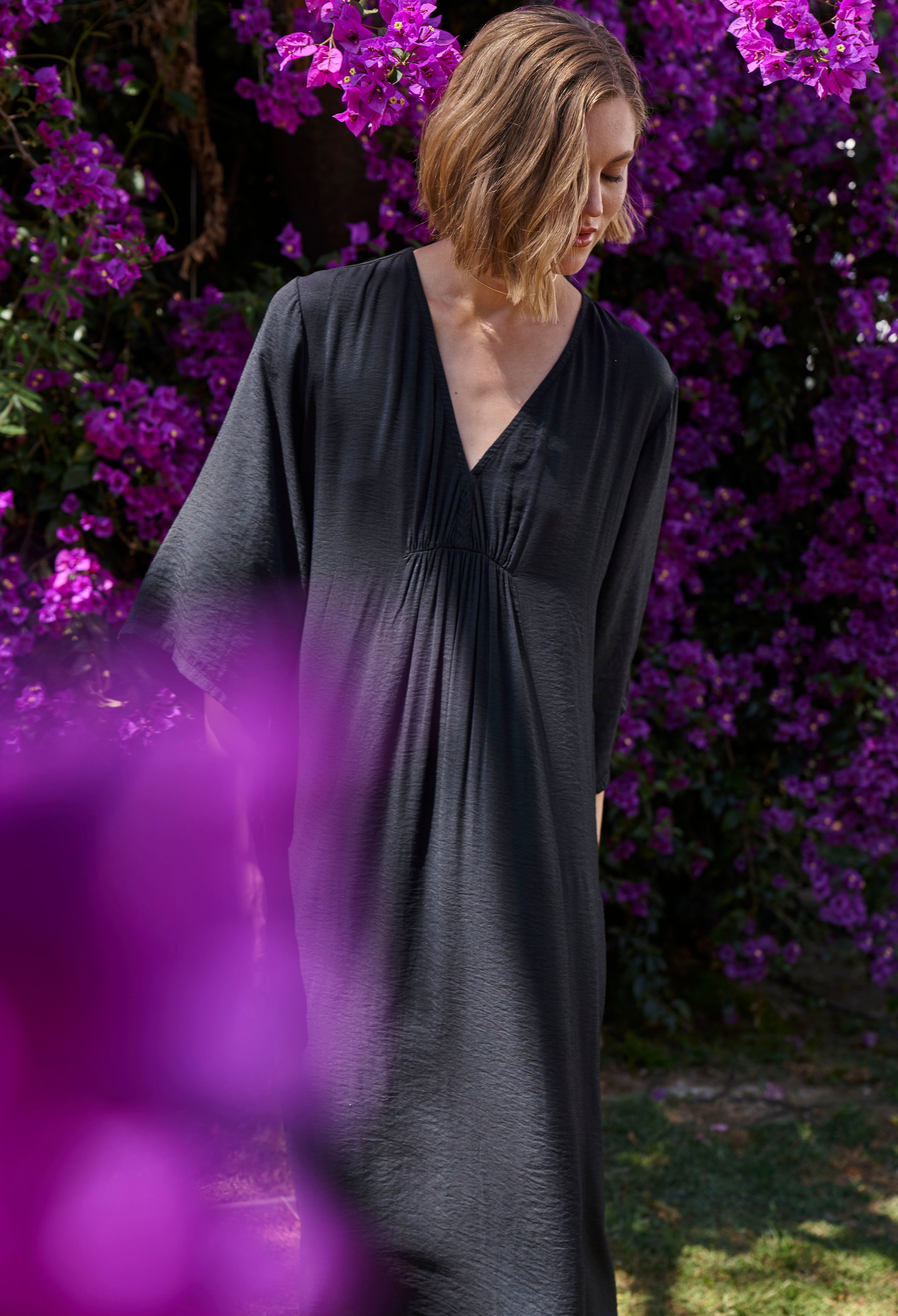 Black Cupro Rouched Front Caftan