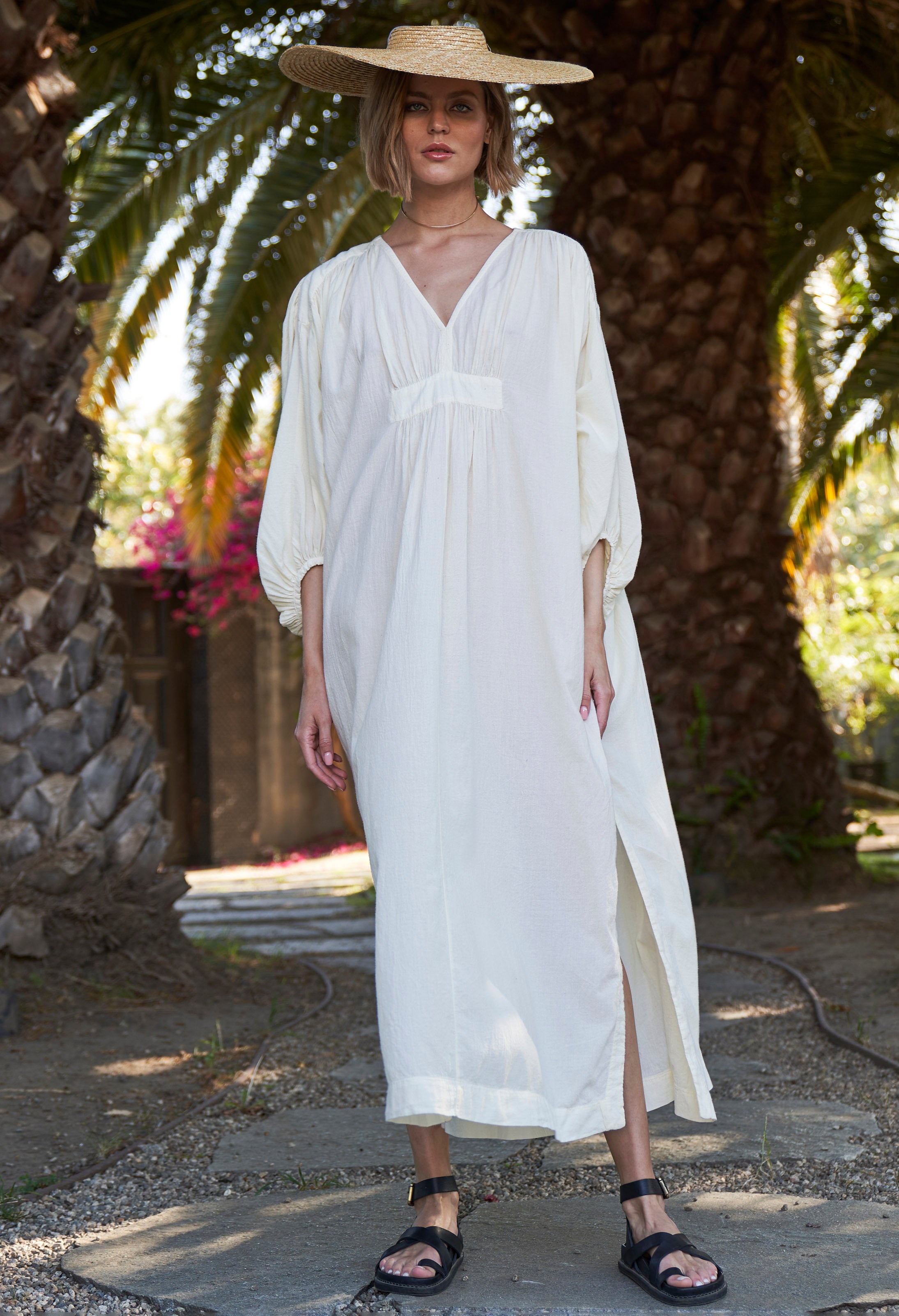 Ivory Rouched Shoulder Maxi Cotton Caftan
