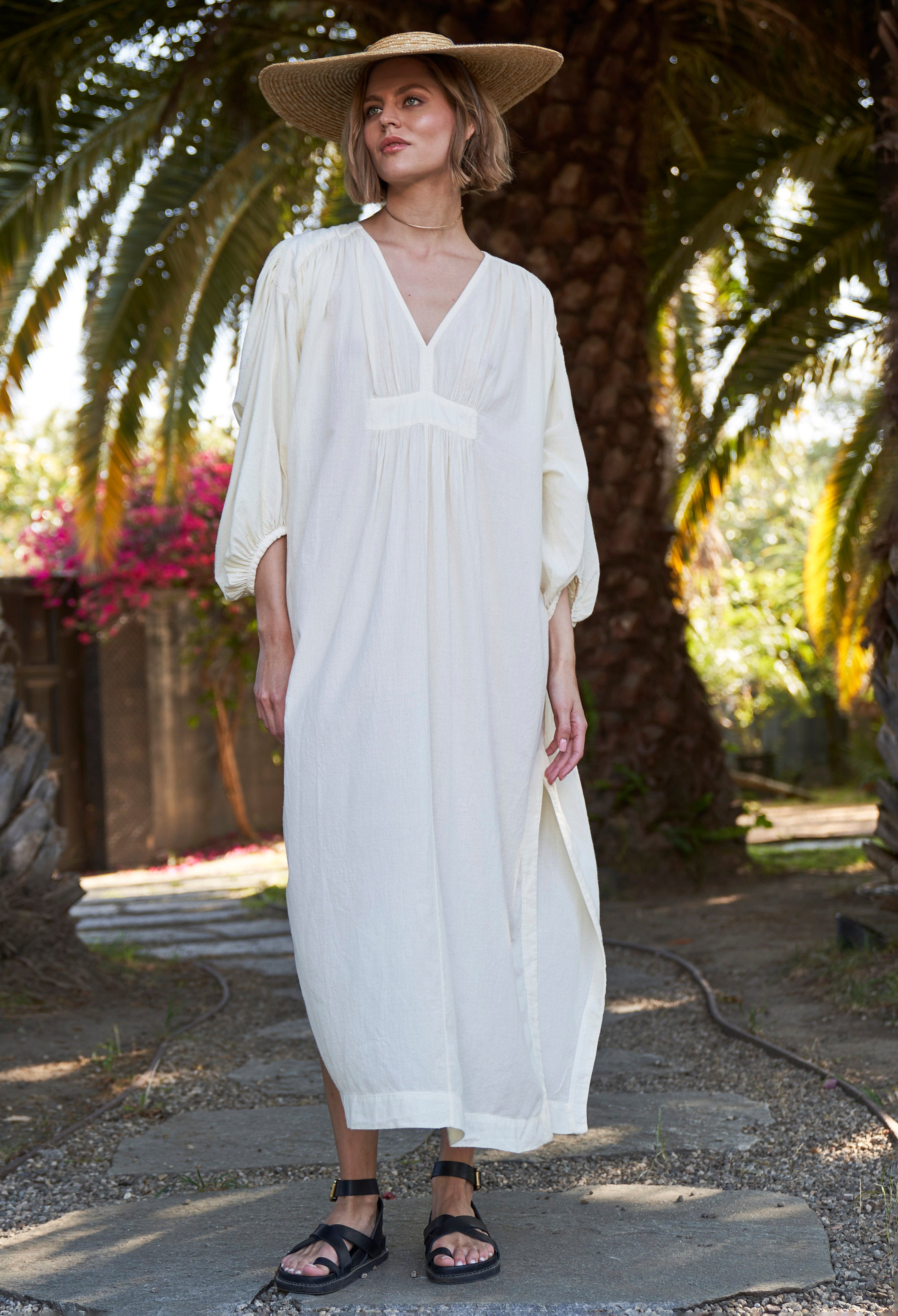 Ivory Rouched Shoulder Maxi Cotton Caftan