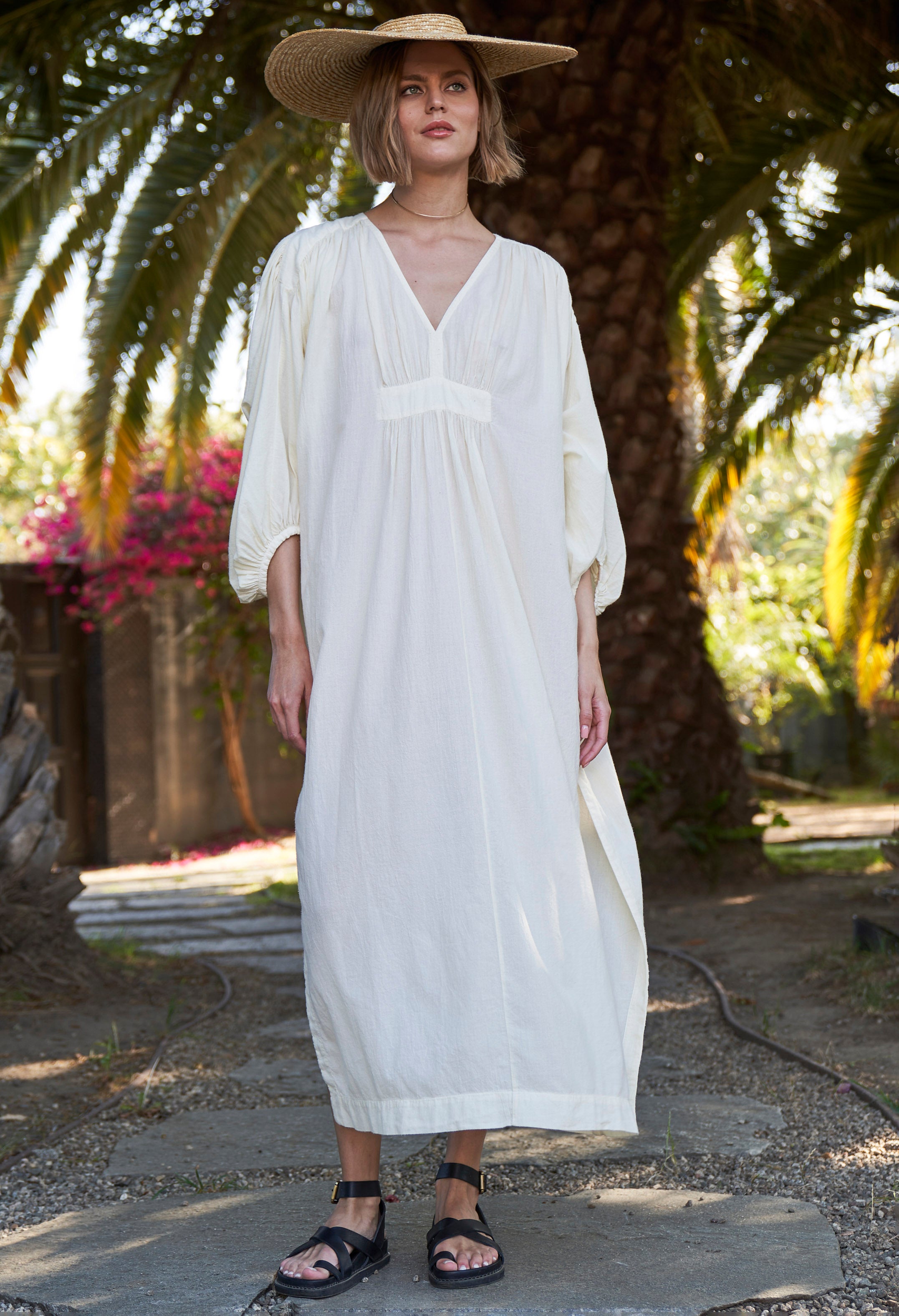 Ivory Rouched Shoulder Maxi Cotton Caftan